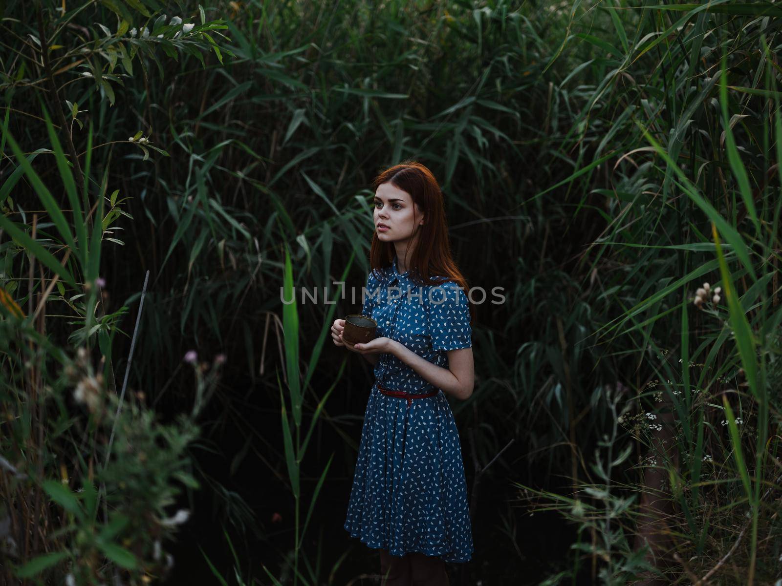 Woman in blue dress in the evening near green grass outdoors. High quality photo