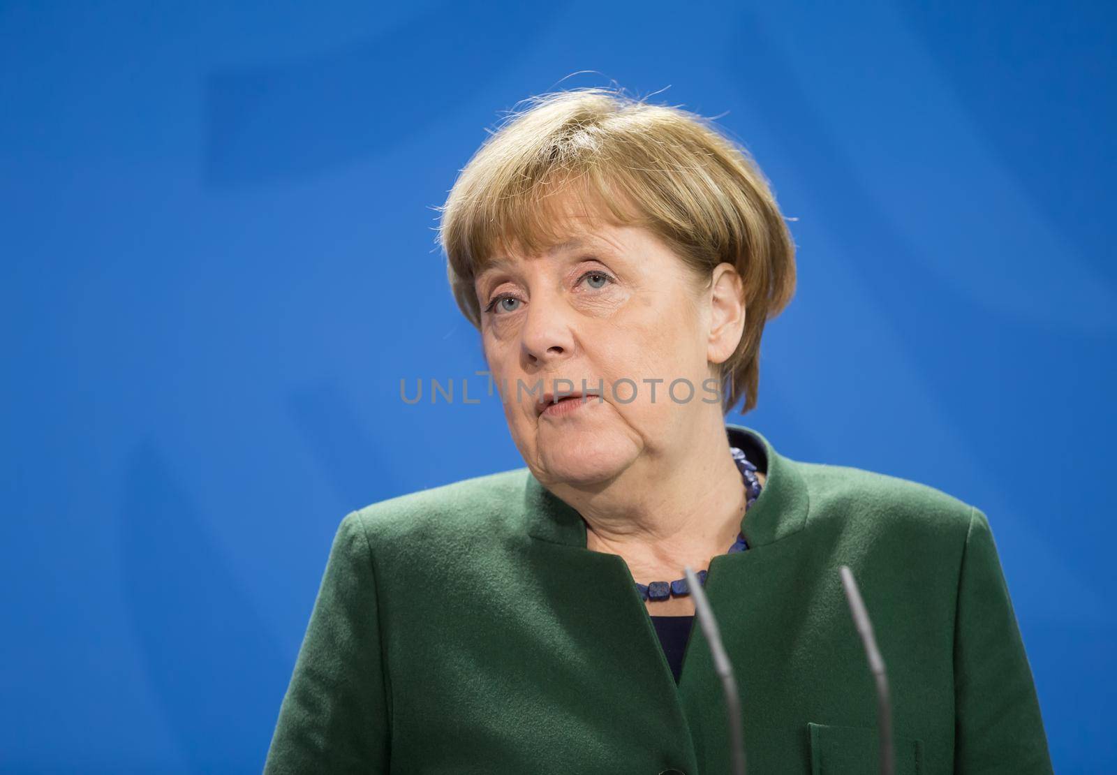 BERLIN, GERMANY - Jan 30, 2017: Chancellor of the Federal Republic of Germany Angela Merkel during a joint briefing with President of Ukraine Petro Poroshenko