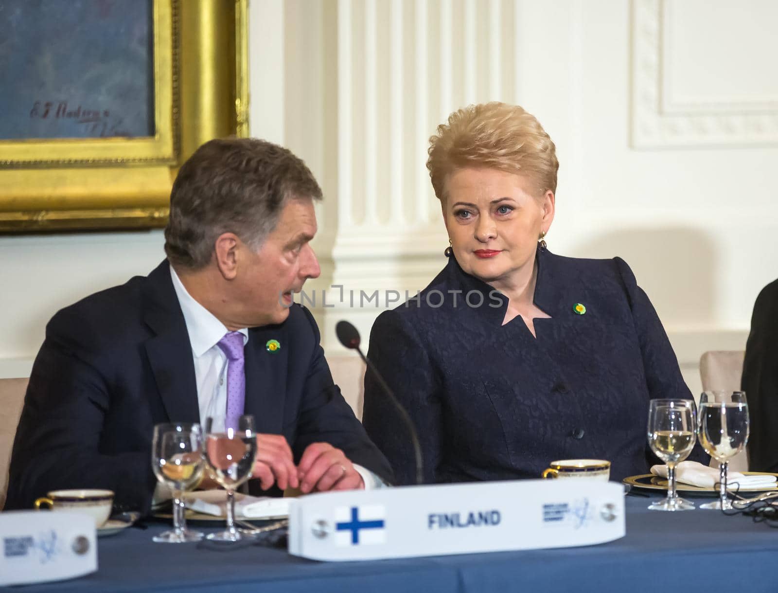 WASHINGTON D.C., USA - Mar 31, 2016: Nuclear Security Summit. President of Finland Sauli Niinisto talks with President of Lithuania Dalia Grybauskaite