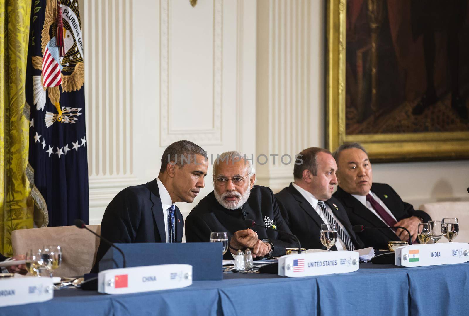 WASHINGTON D.C., USA - Mar 31, 2016: Nuclear Security Summit. United States President Barack Obama talks with Prime Minister of India Narendra Damodardas Modi