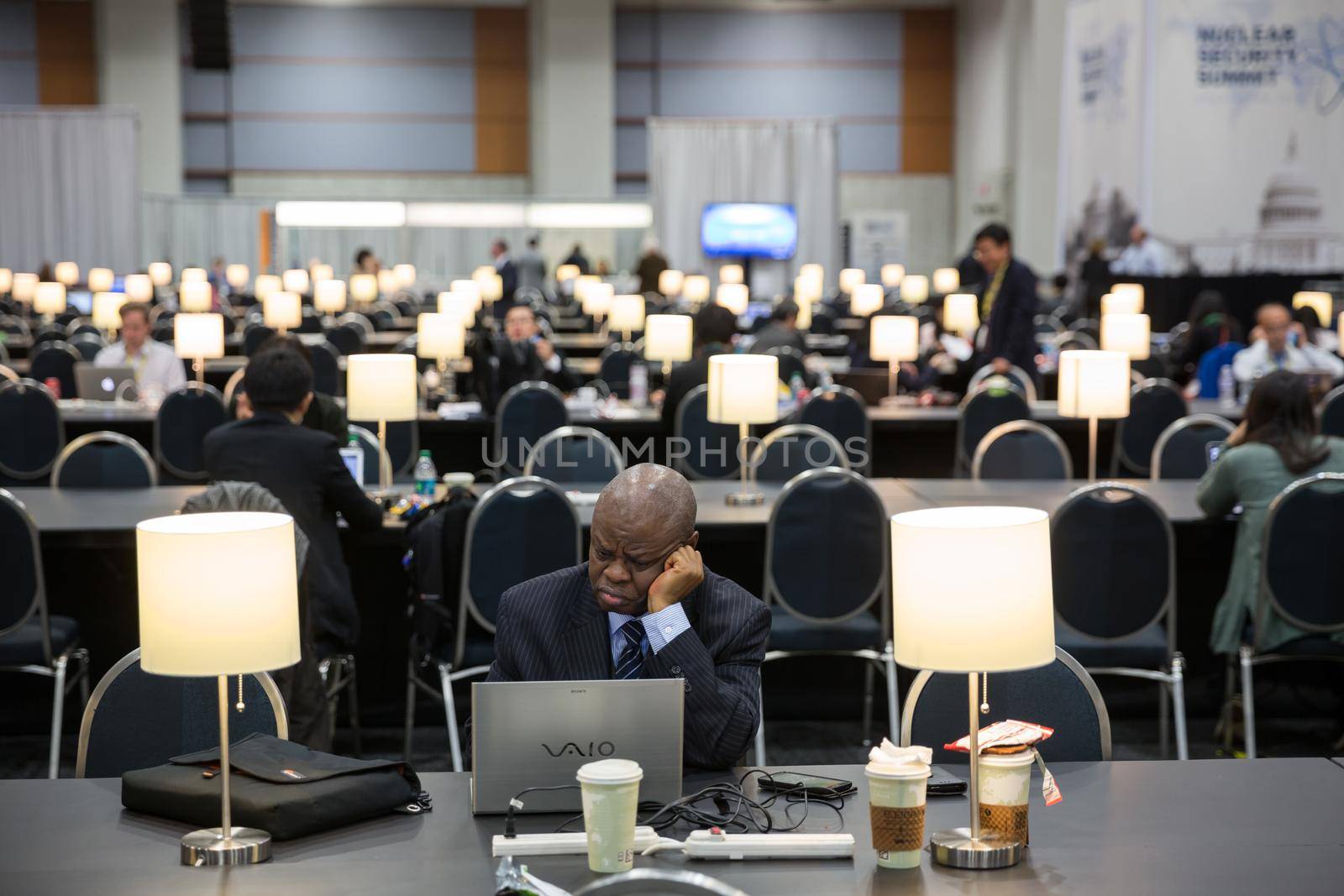 WASHINGTON D.C., USA - Mar 31, 2016: Nuclear Security Summit. Working moments in the summit press center