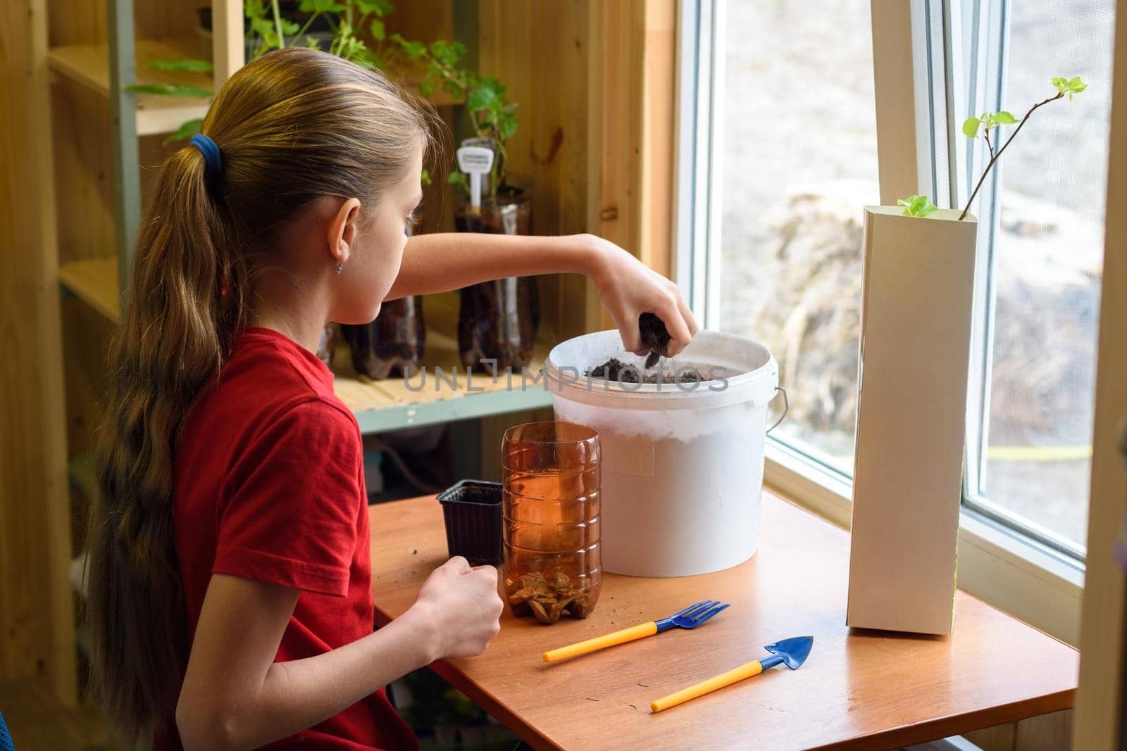 Girl pouring soil into a pot for replanting garden plants