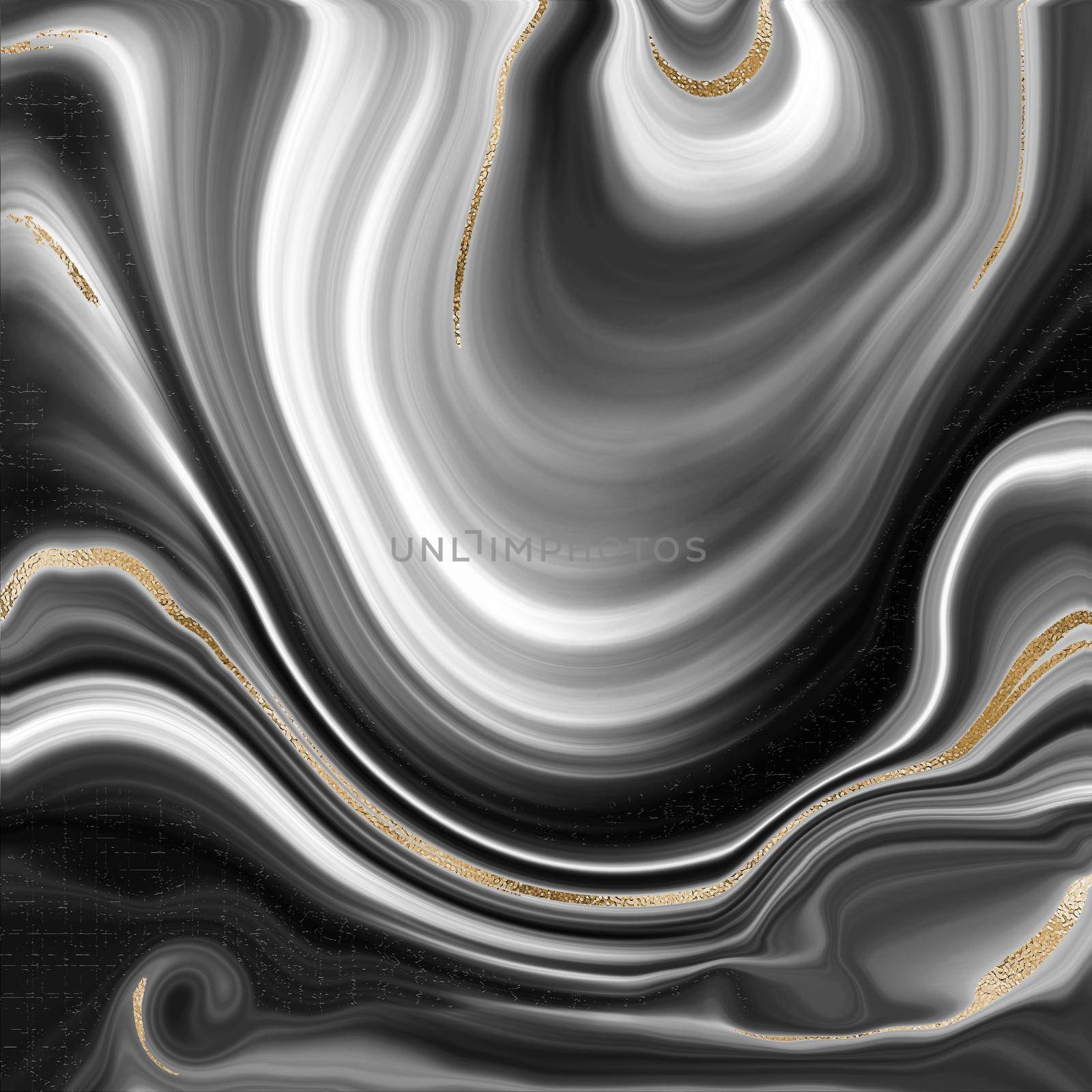 Liquid abstract marble agate background with gold glitter splatter texture. Fluid marbling effect with gold vein. Black and white background. Illustration