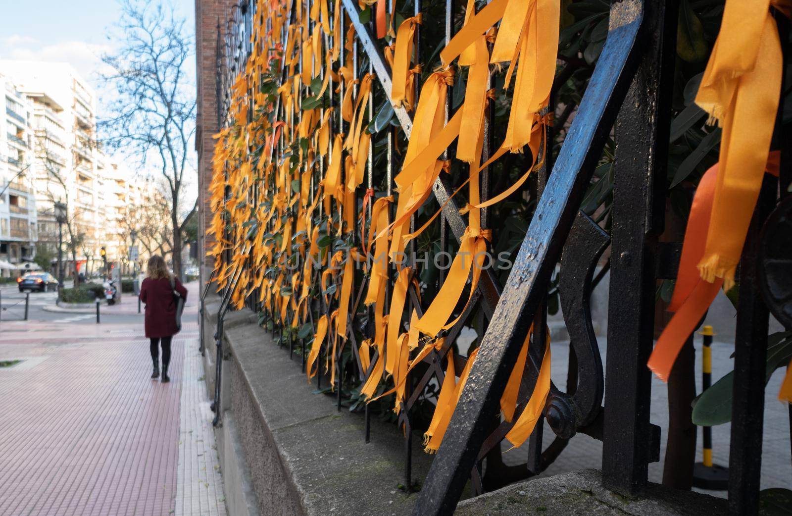 Orange ribbons in the streets of madrid