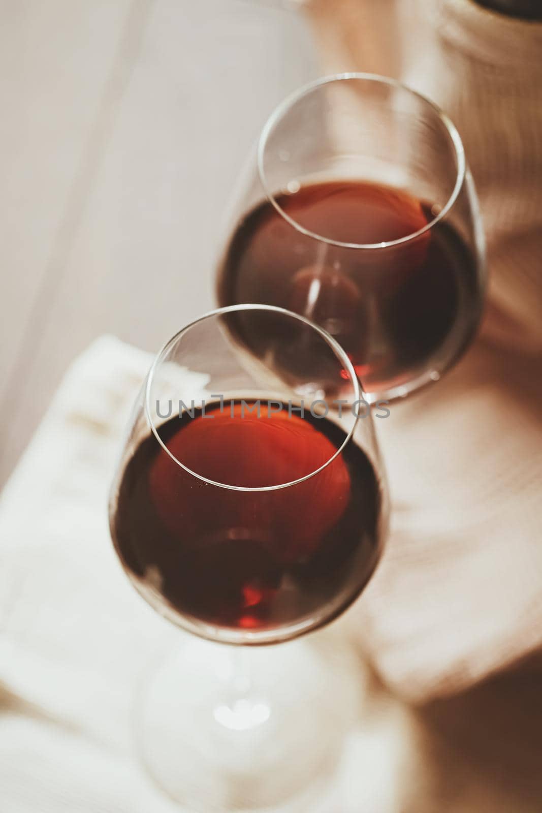 Traditional red house wine served in crystal glasses, closeup