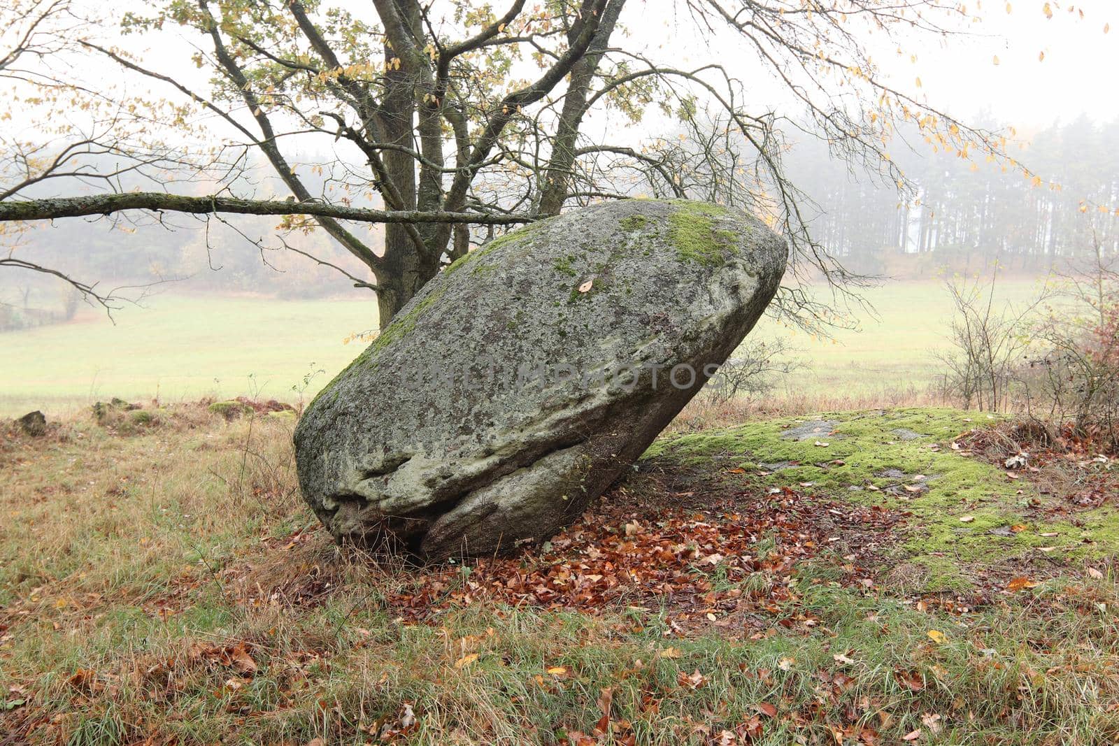 Balanced boulder - interesting rock formation, Radvanov village, Czech Republic