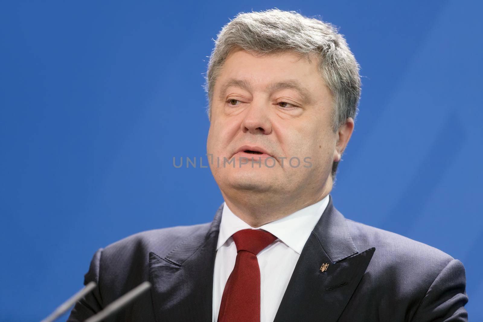 BERLIN, GERMANY - Jan 30, 2017: President of Ukraine Petro Poroshenko during a joint briefing with Chancellor of the Federal Republic of Germany Angela Merkel