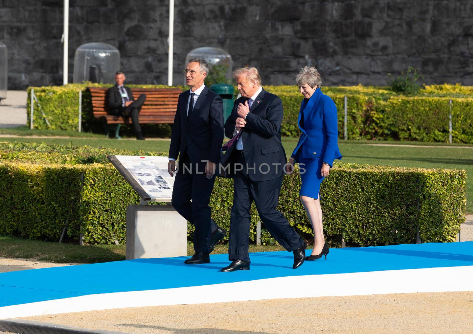 BRUSSELS, BELGIUM - Jul 11, 2018: NATO Secretary General Jens Stoltenberg, US President Donald Trump and British Prime Minister Teresa May during the summit of the NATO military alliance
