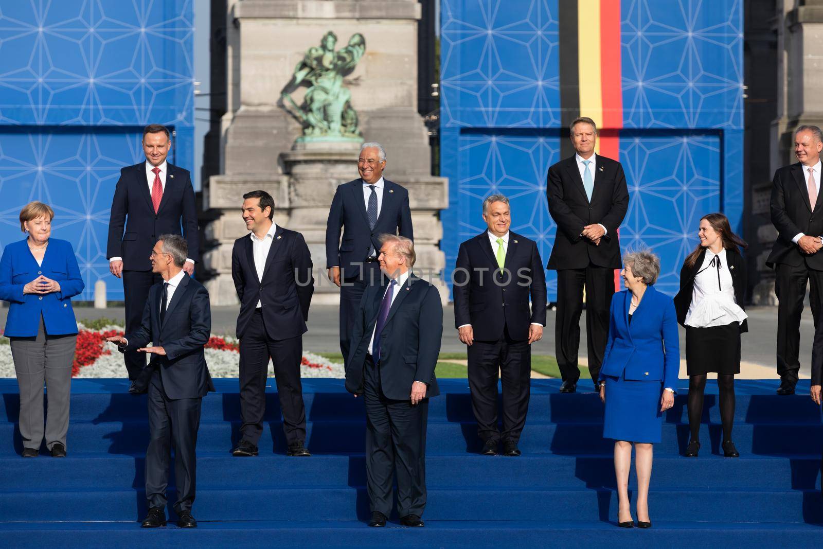 BRUSSELS, BELGIUM - Jul 11, 2018: Jens Stoltenberg, Donald Trump, Angela Merkel and Teresa May at the group photo of participants of the NATO military alliance summit