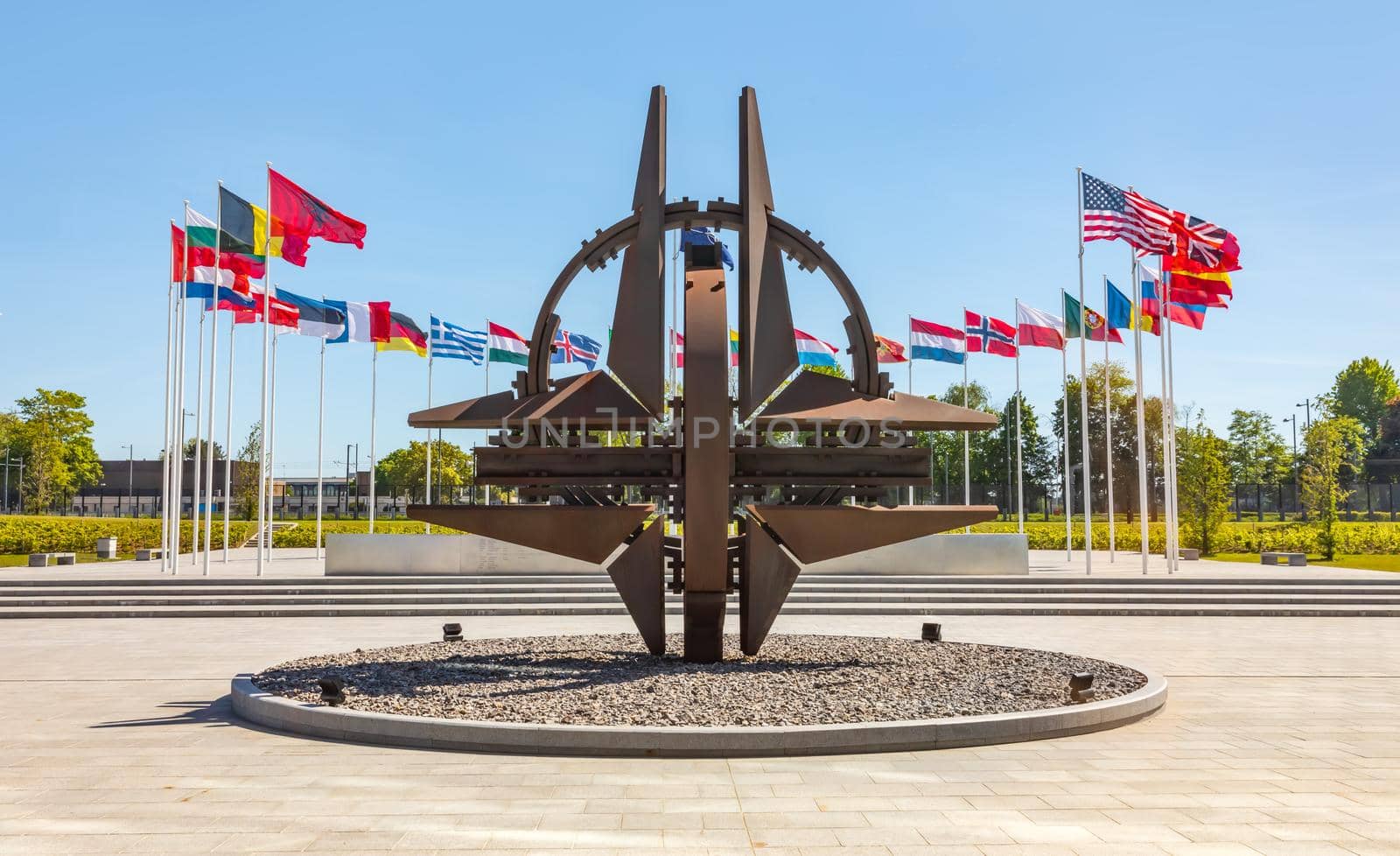 BRUSSELS, BELGIUM - May 13, 2019: Nato star sculpture in Brussels. NATO Headquarters - Political and Administrative Center for the North Atlantic Alliance