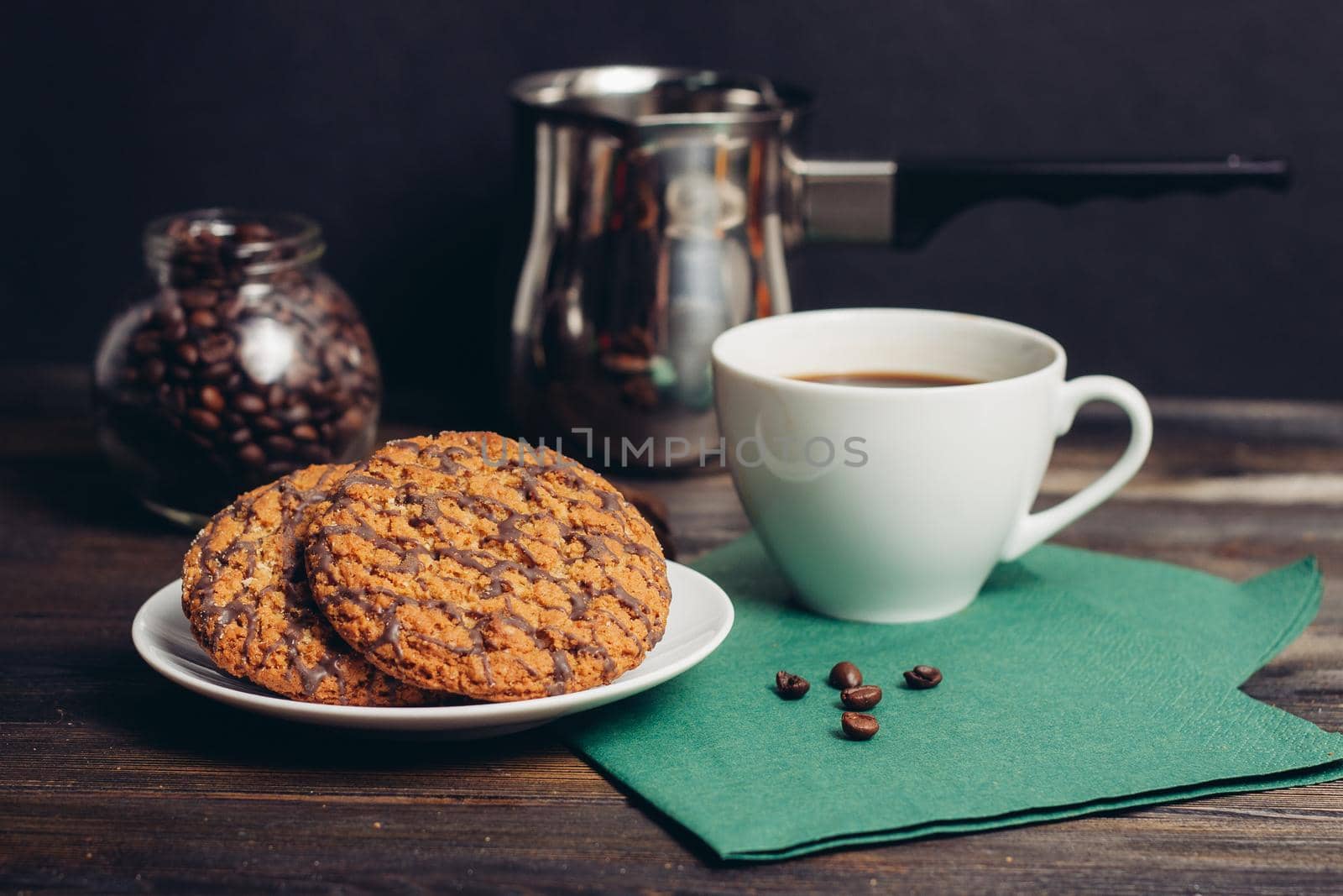 coffee cup cookies dessert breakfast wooden table sweets. High quality photo