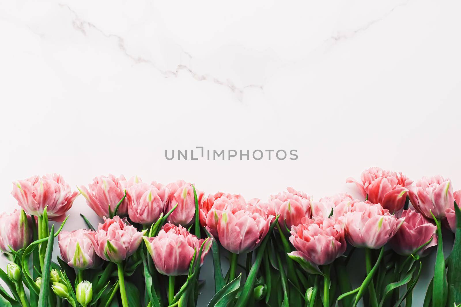 Spring flowers on marble background as holiday gift and floral flatlay concept