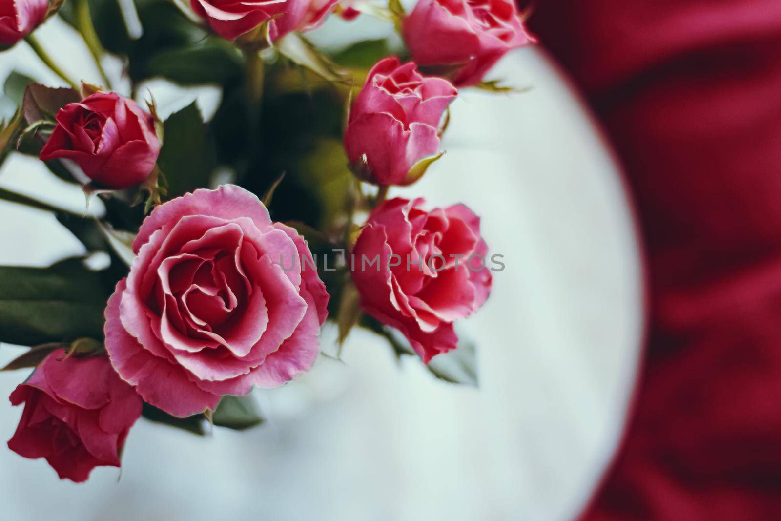 Romantic bouquet of roses, holiday gift and floral beauty closeup