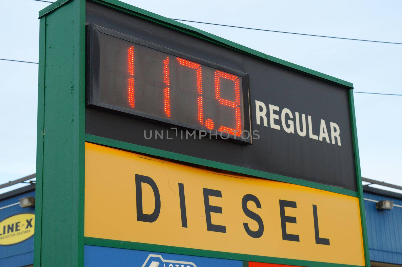 SMITHS FALLS, ONTARIO, CANADA, MARCH 10, 2021: A closeup view of the gas prices on this day at the Drummonds Gas Station located in small town Smiths Falls, ON.