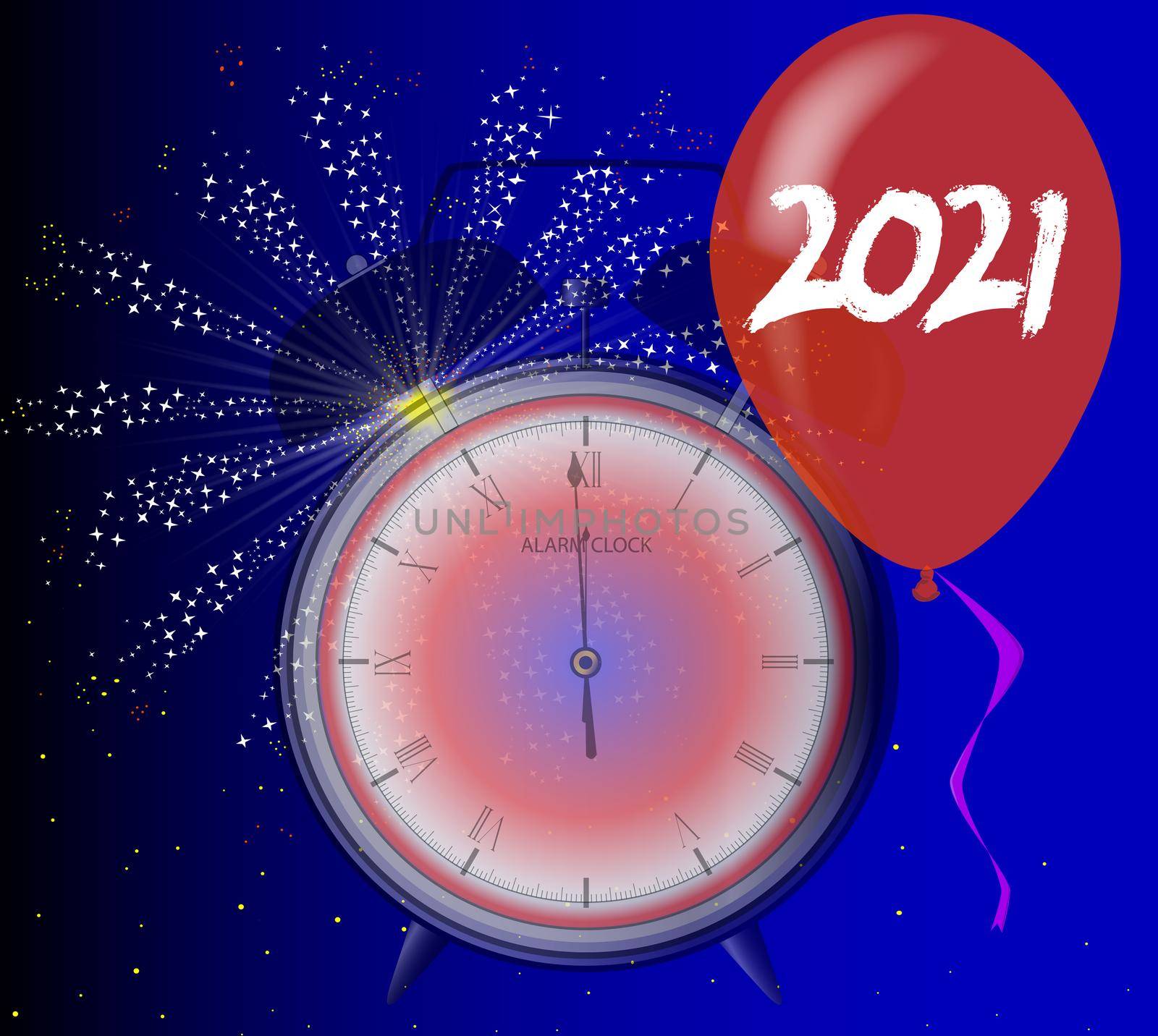 A 2021 midnight celebration clock with balloon and firework explosion.