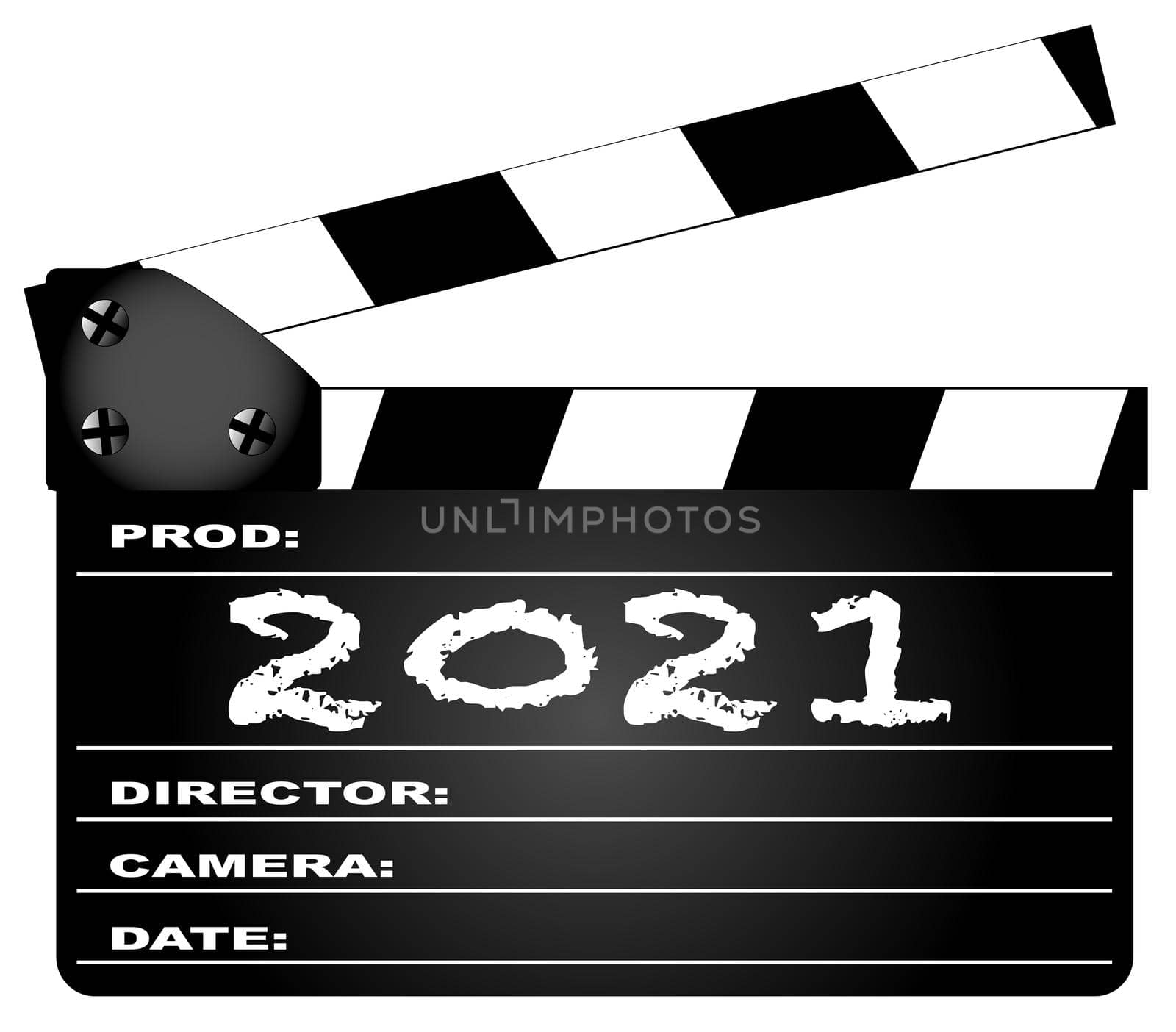 A typical movie clapperboard with the legend 2021 isolated on white.