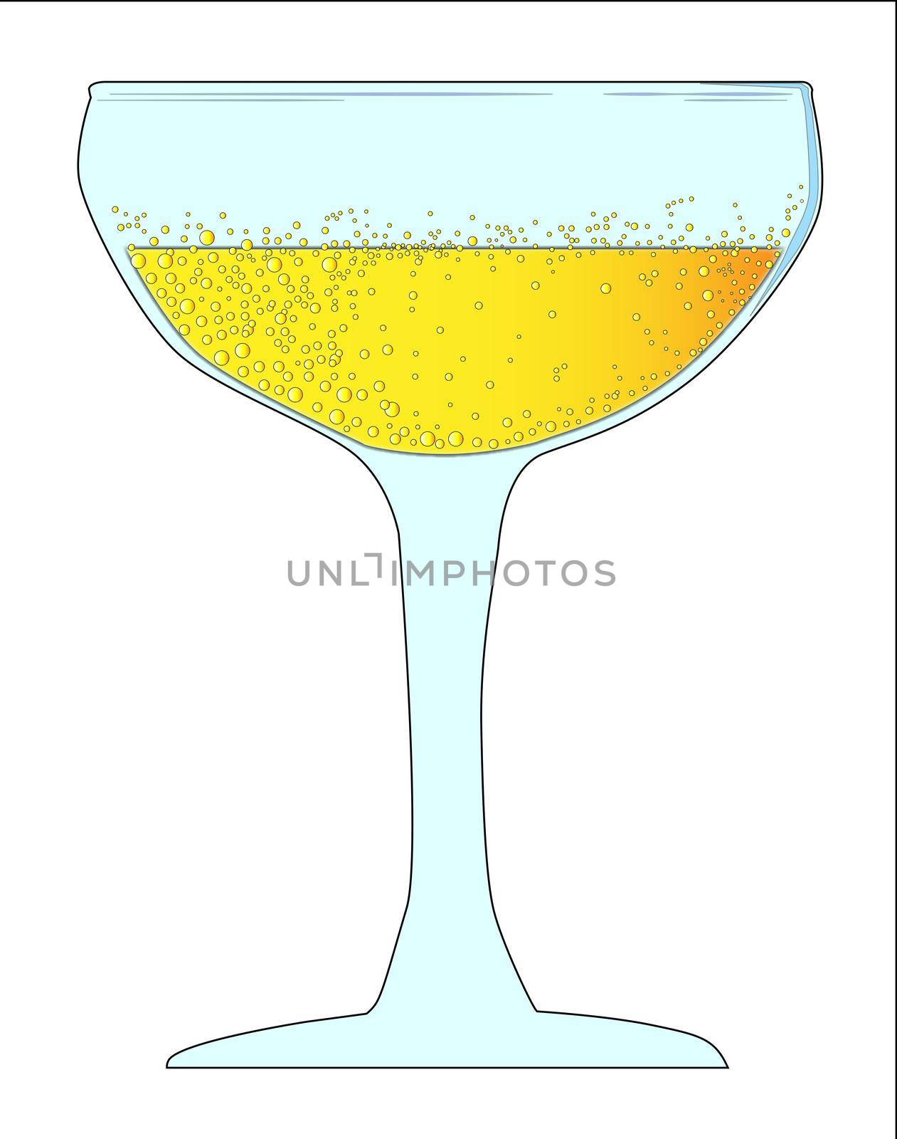 A glass of champagne in gold with bubbles all on a white background