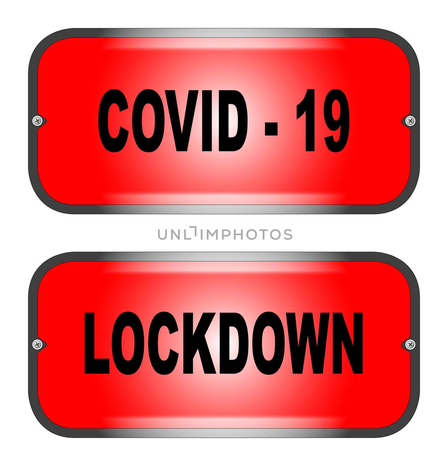 Two warning lights exclaiming Cobid 19 and Lockdown on a white background