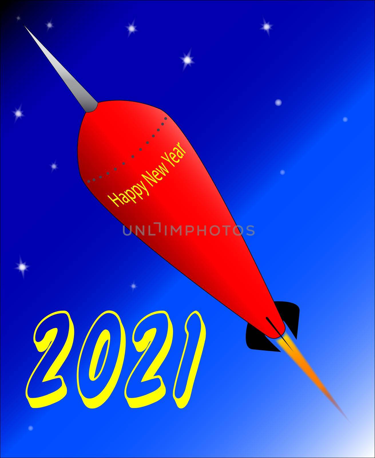 A retro look rocket ship with the message 'Happy New Year 2021'.