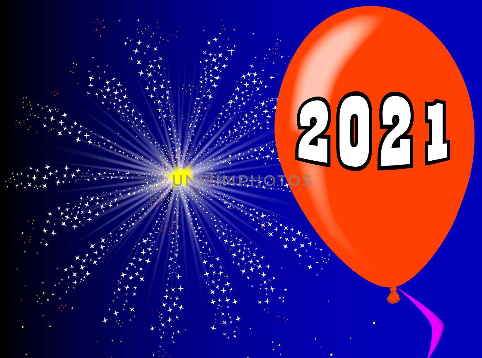 A flyaway red balloon with a skyrocket explosion with fallout and the year 2021
