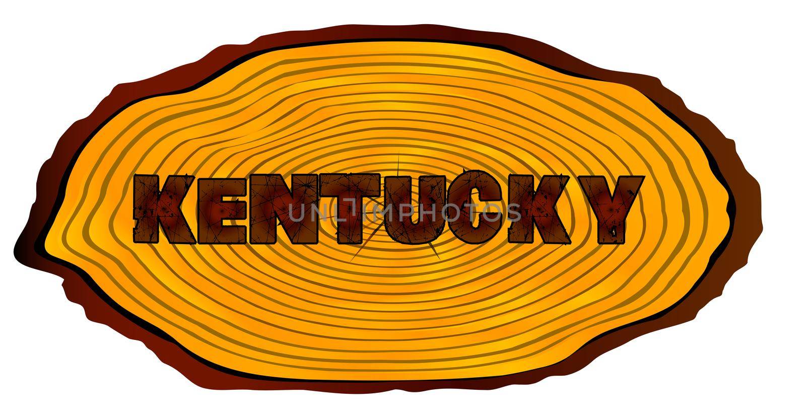 A section of a sawn log with the words KENTUCKY over a white background