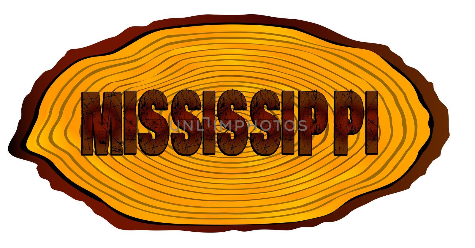 A section of a sawn log with the words MISSISSIPPI over a white background