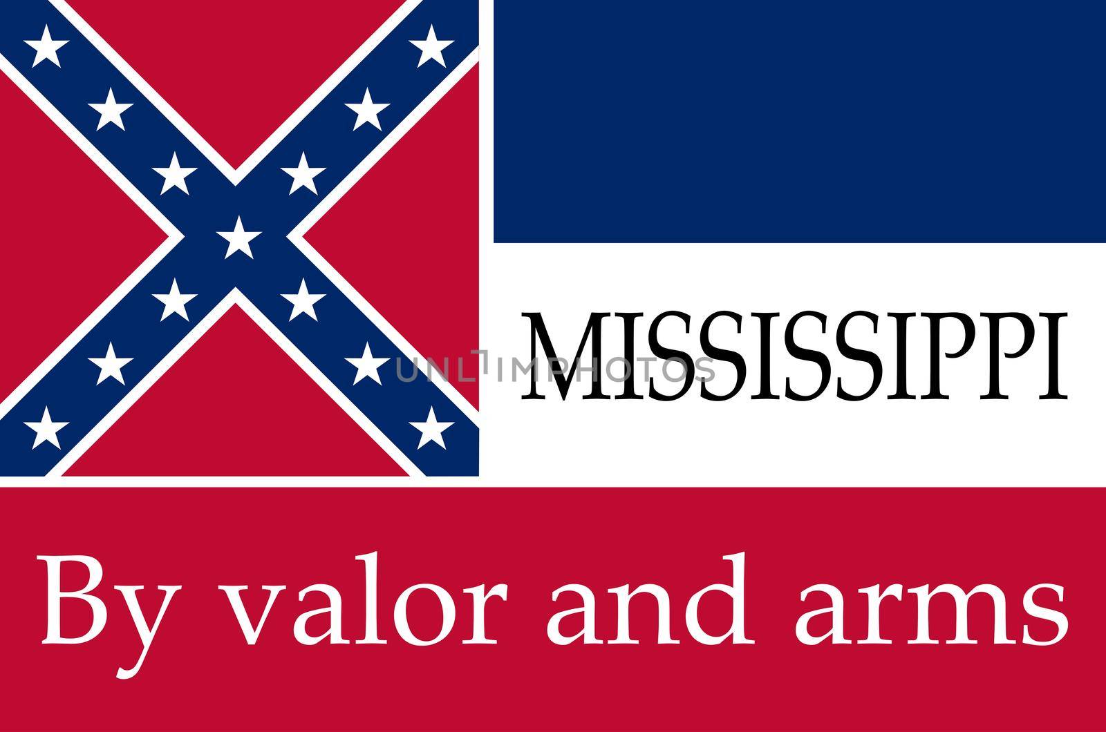 The flag of the USA state of Mississippi with the state motto by valor and arms