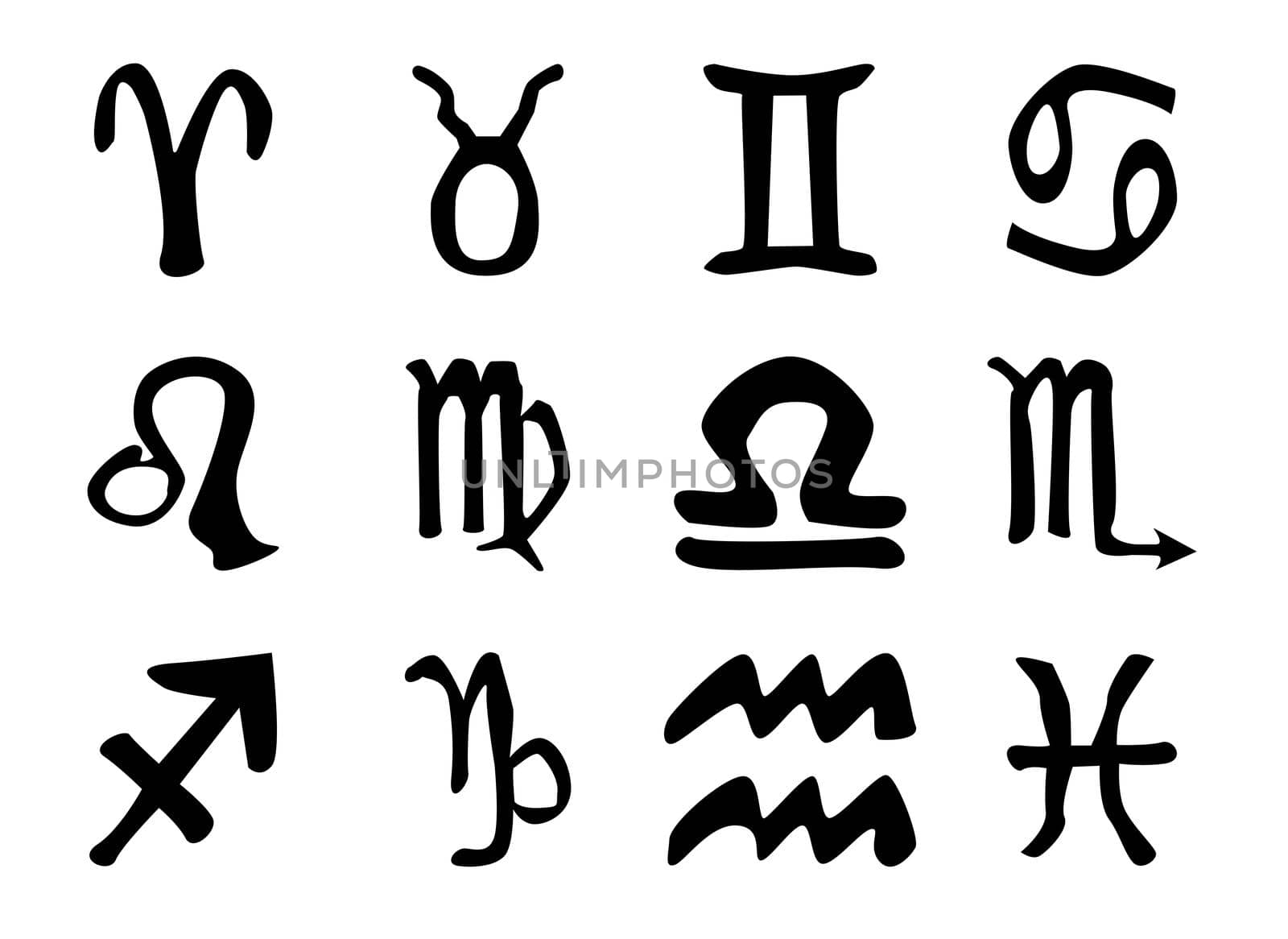 A collection of the twelve astrology sun signs isolated on white.