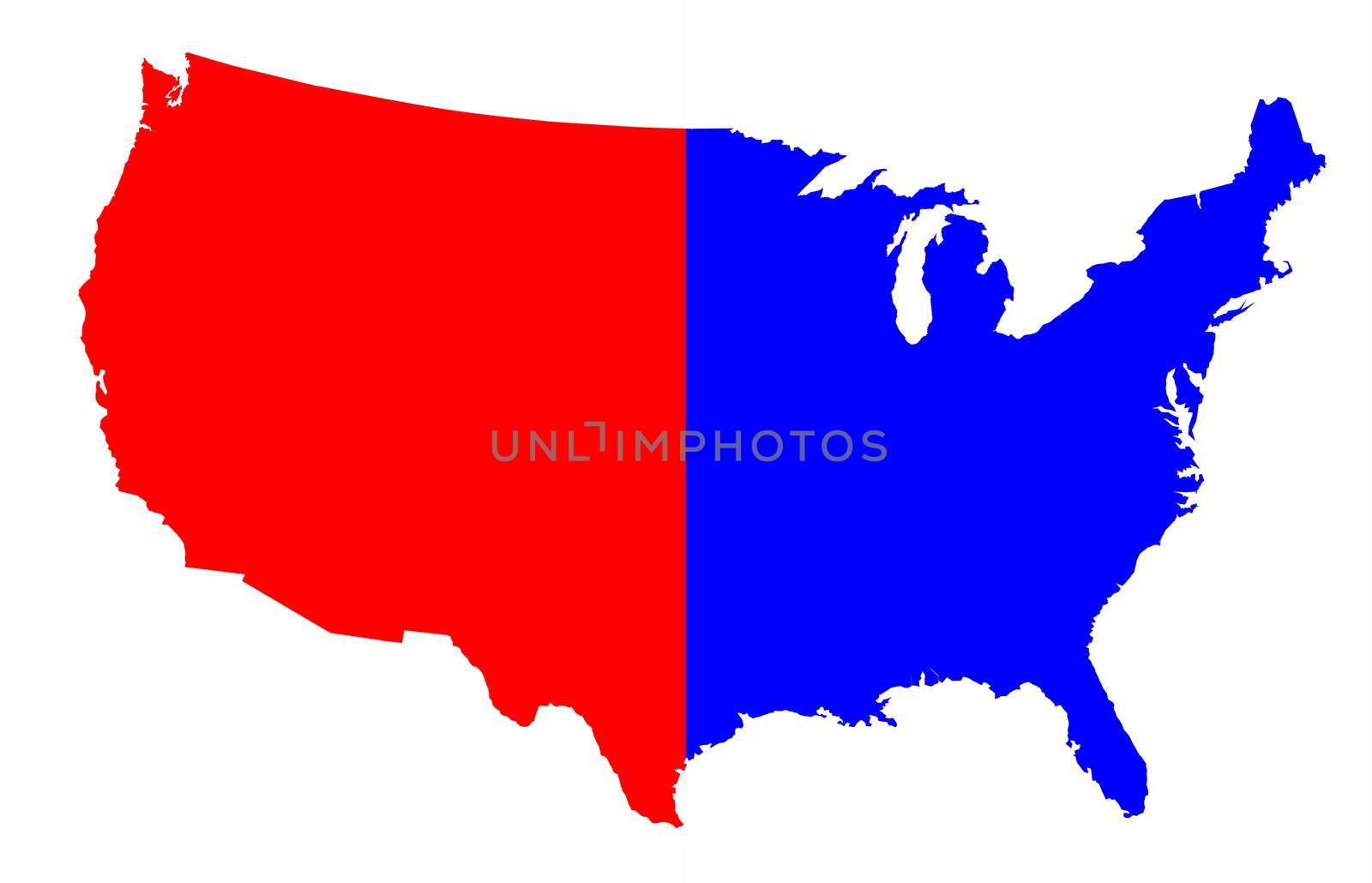 An outline silhouette map of The United States of America in red and blueover a white background