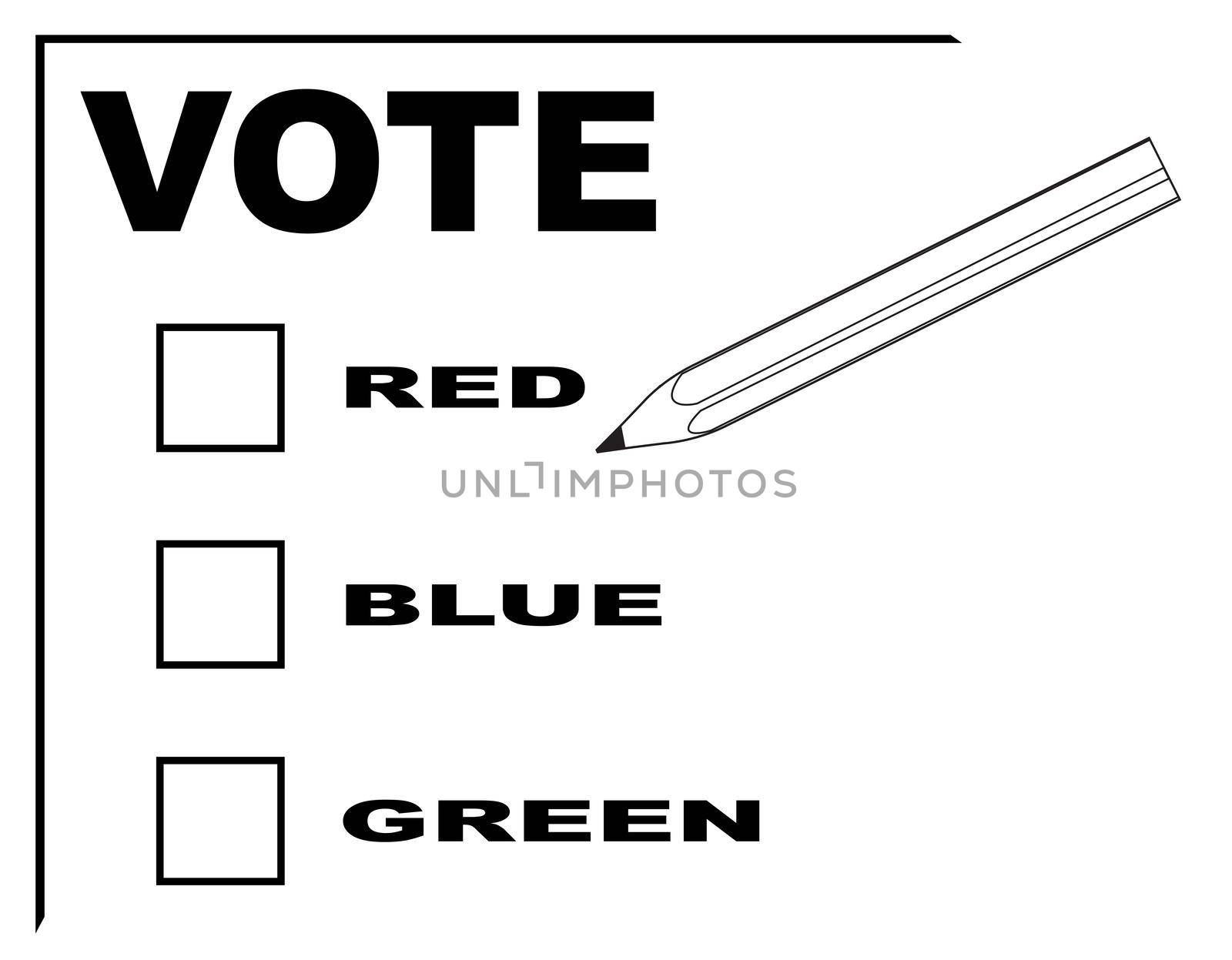 A vote slip for red blue or green with pencil
