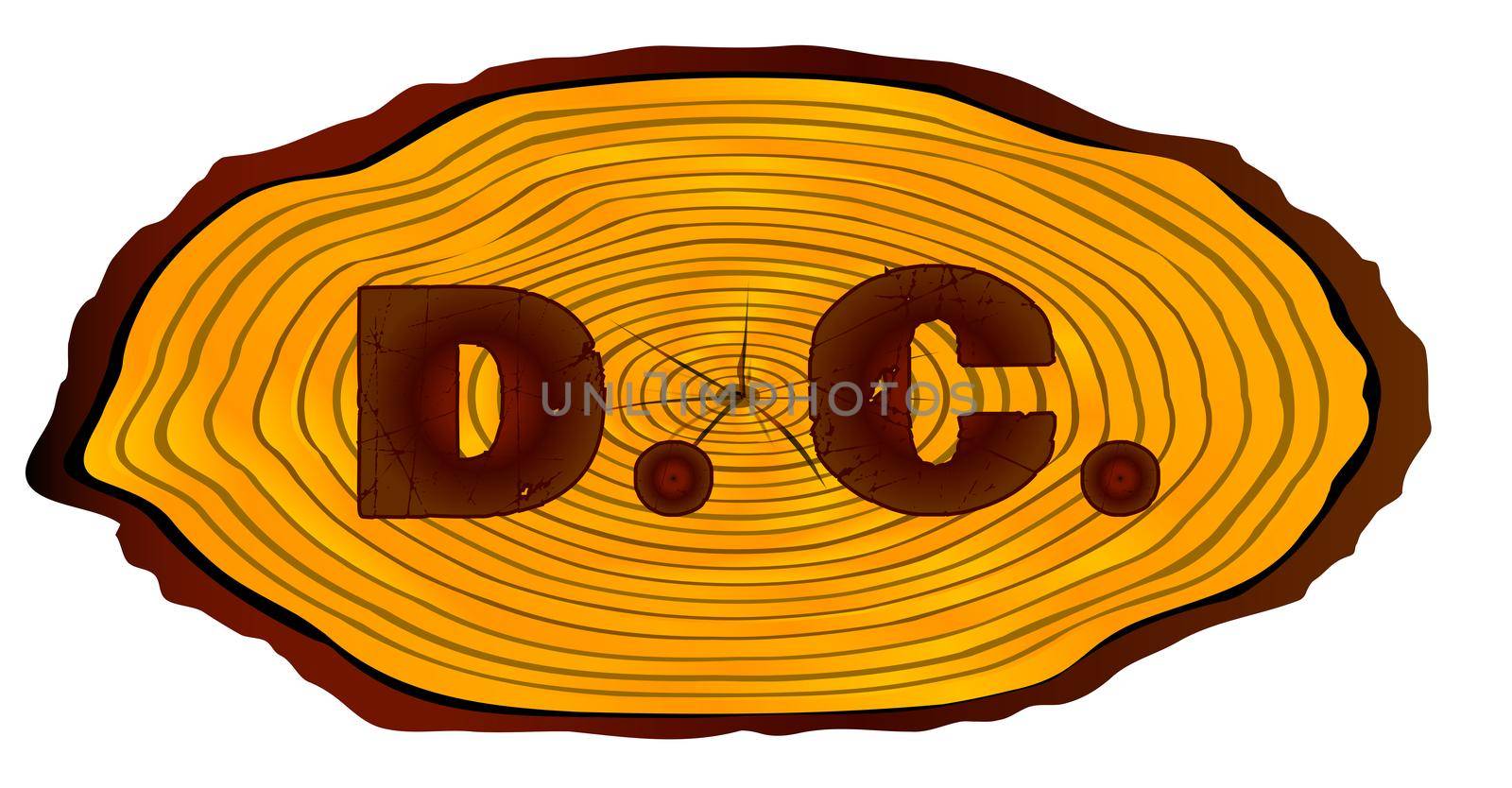 A section of a sawn log with the words D.C. over a white background