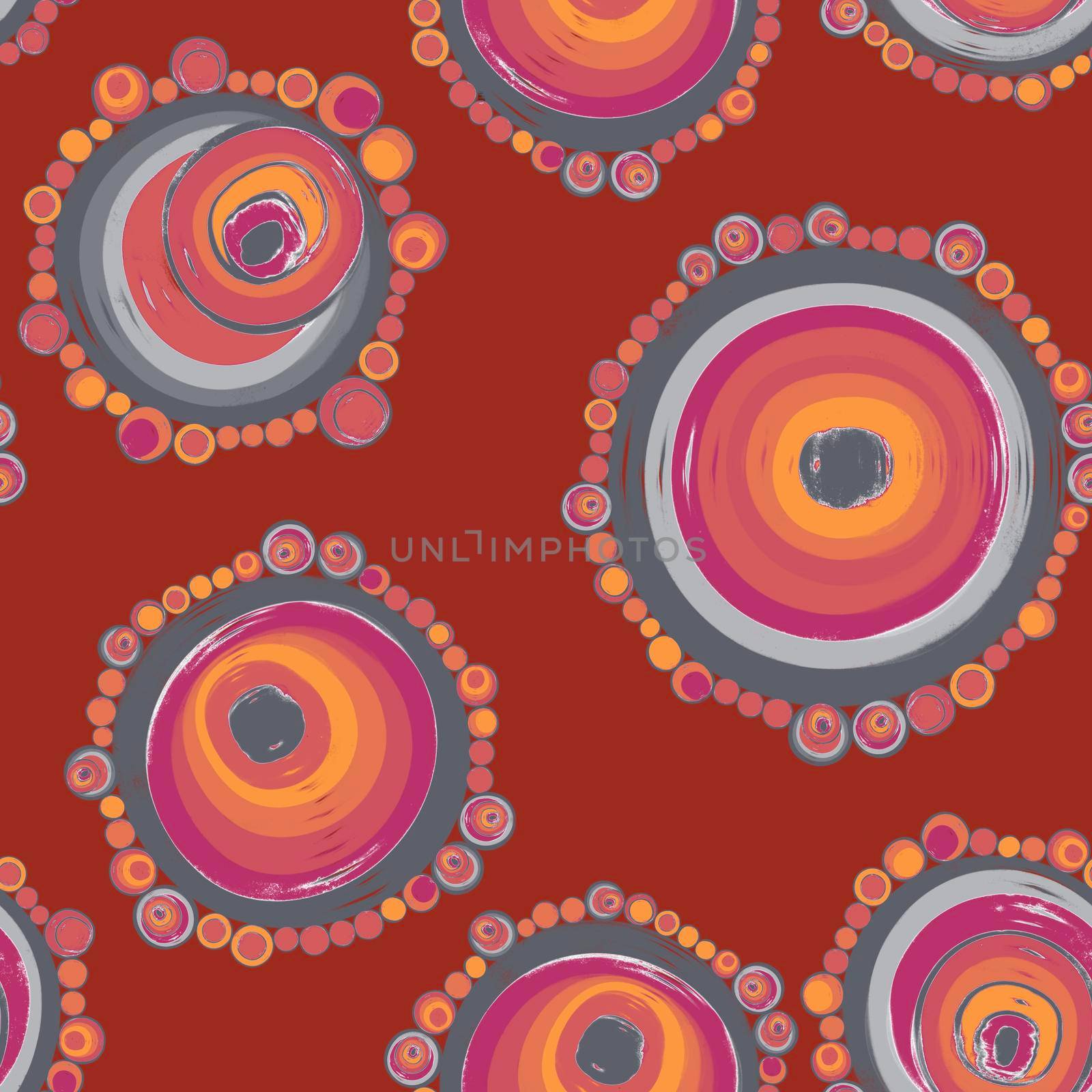 Geometric seamless pattern,texture with perfectly contacting nested circles with different size colors.Repeating pattern with circles filled with dots.For textile,wrapping,banner.Terracotta color by Angelsmoon