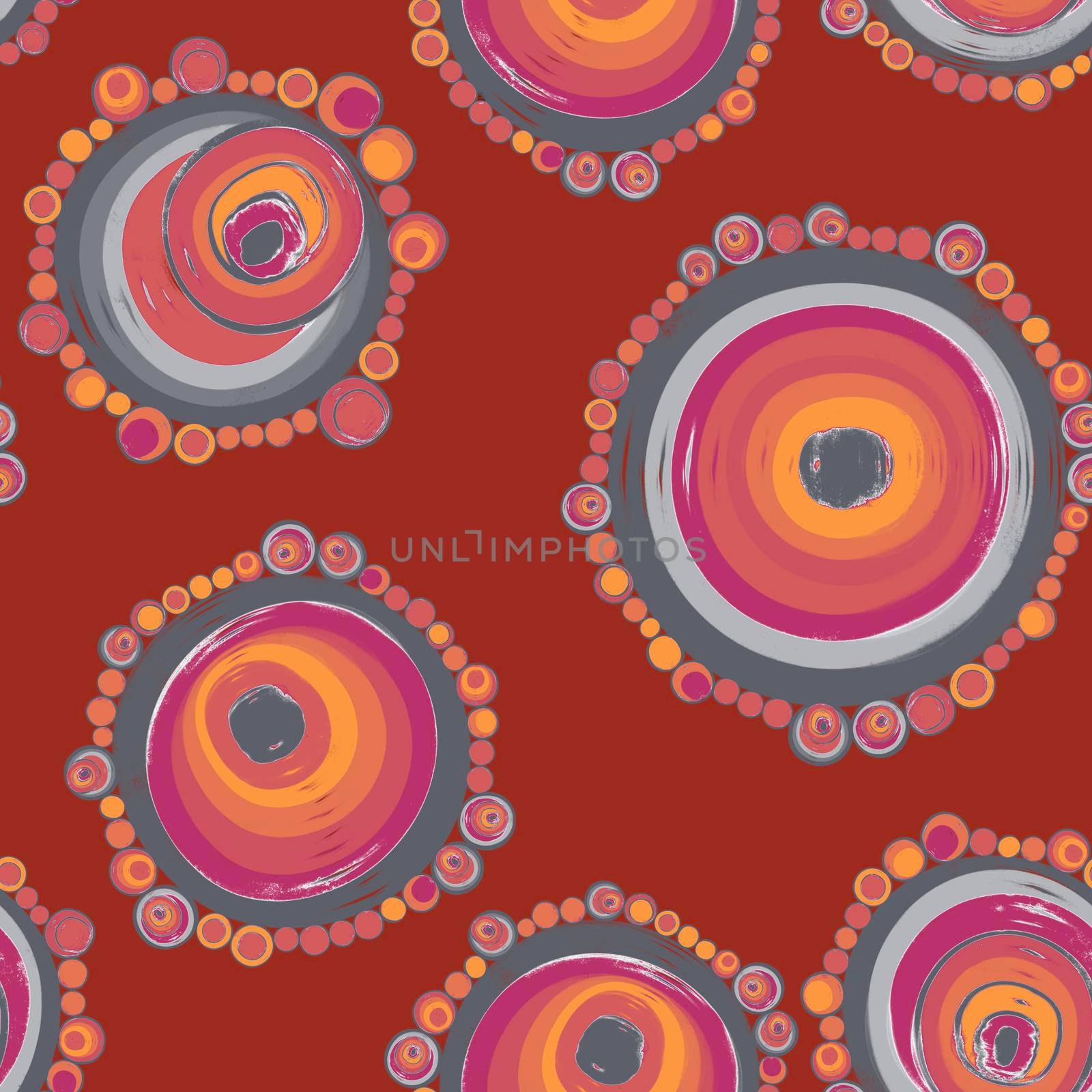 Geometric seamless pattern,texture with perfectly contacting nested circles with different size colors.Repeating pattern with circles filled with dots.For textile,wrapping,banner.Terracotta color.