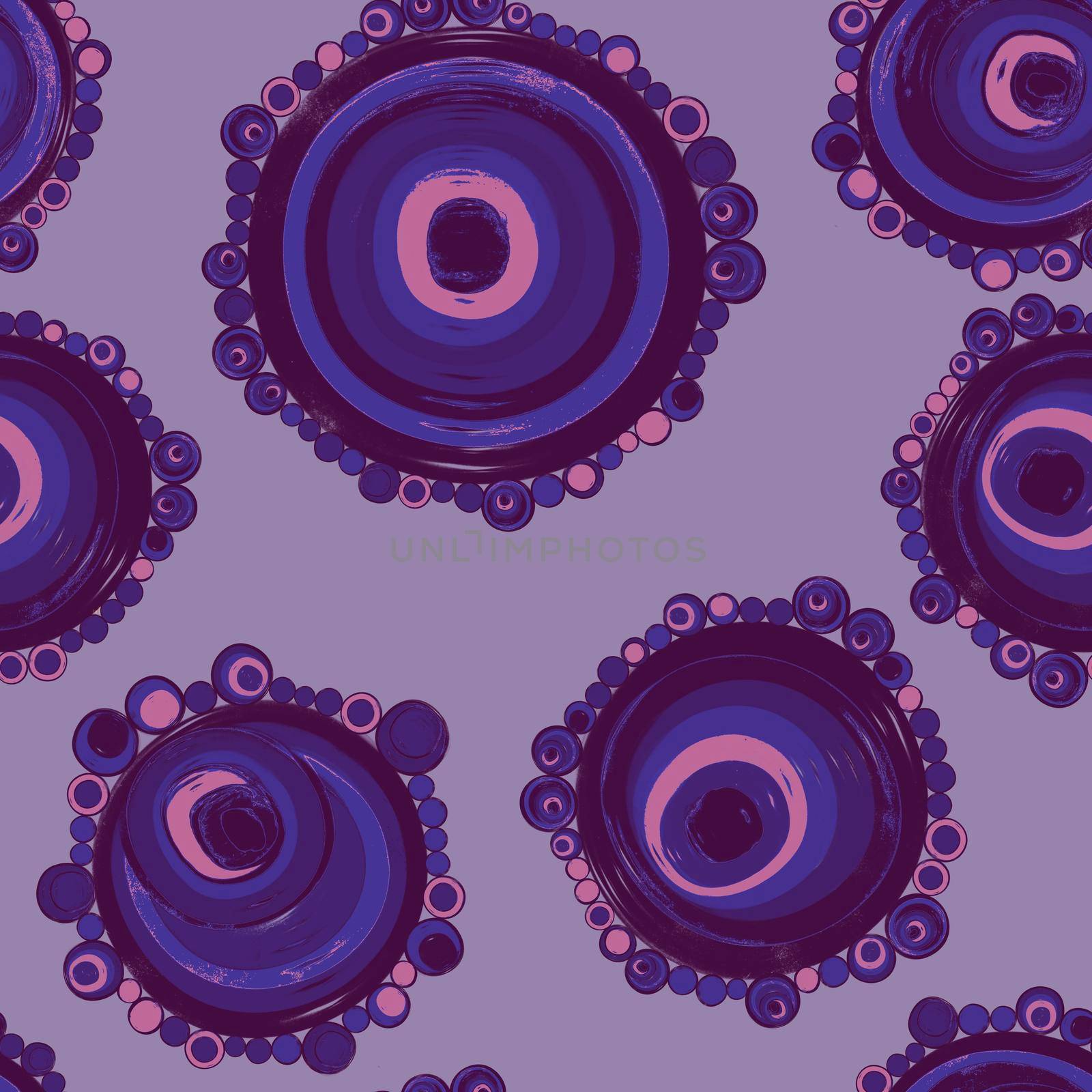 Geometric seamless pattern,texture with perfectly contacting nested circles with different size colors.Repeating pattern with circles filled with dots.Purple on lilac.For textile,wrapping paper,banner