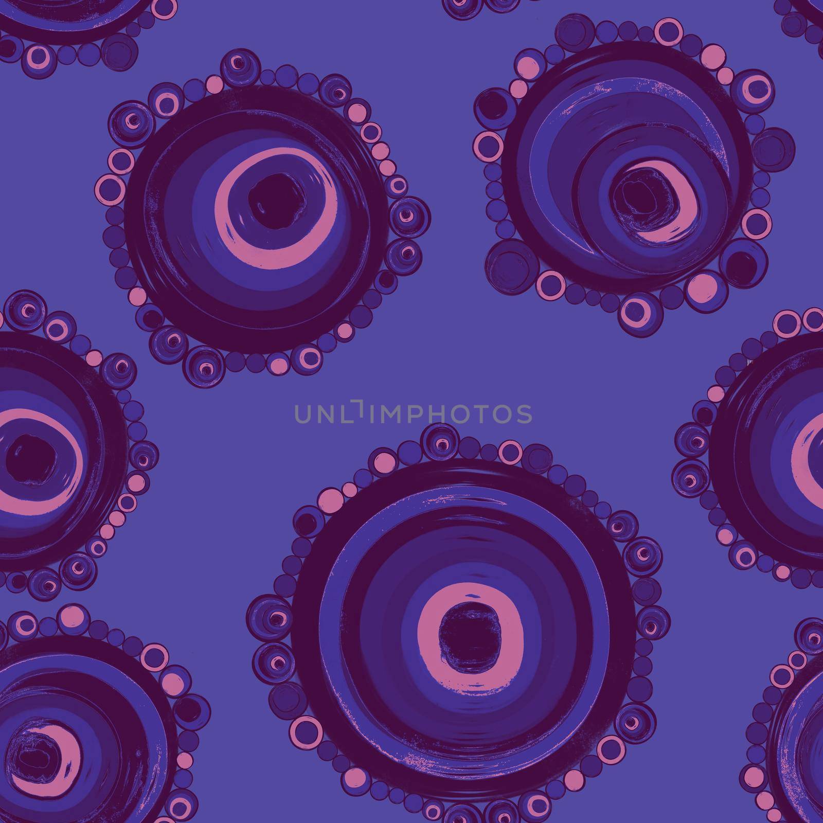 Geometric seamless pattern,texture with perfectly contacting nested circles with different size colors.Repeating pattern with circles filled with dots.Purple on lilac.For textile,wrapping paper,banner