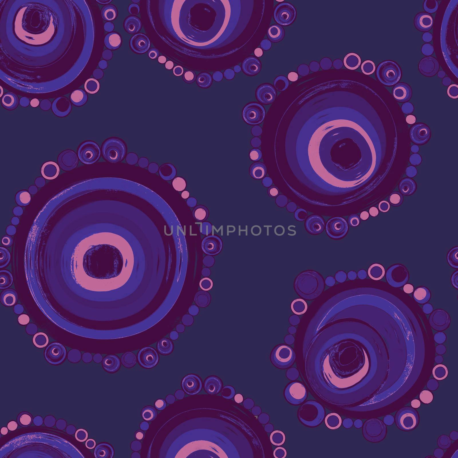 Geometric seamless pattern,texture with perfectly contacting nested circles with different size colors.Repeating pattern with circles filled with dots.For textile,wrapping paper,banner.Purple on blue by Angelsmoon