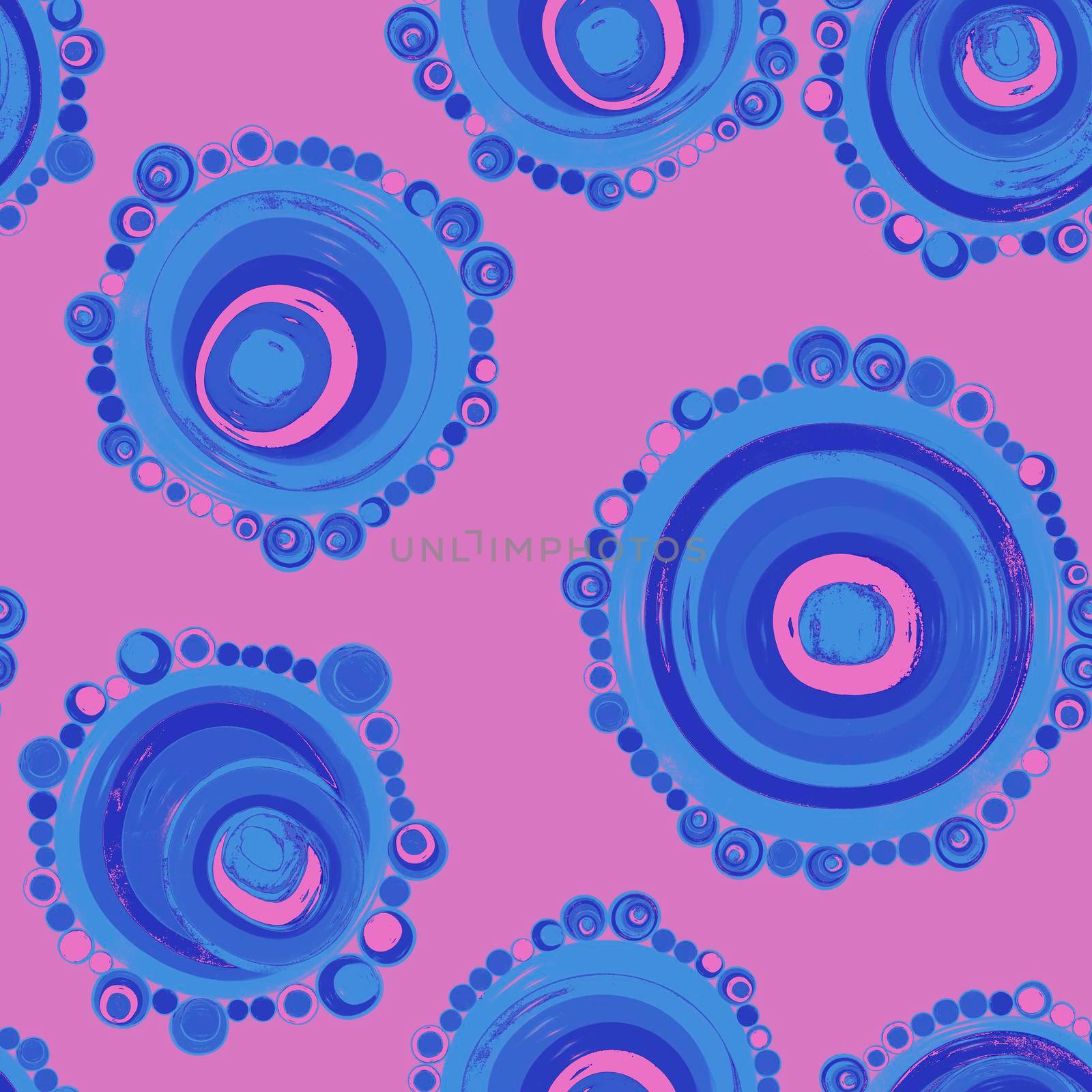 Geometric seamless pattern,texture with perfectly contacting nested circles with different size colors.Repeating pattern with circles filled with dots.For textile,wrapping paper,banner.Azure on pink by Angelsmoon