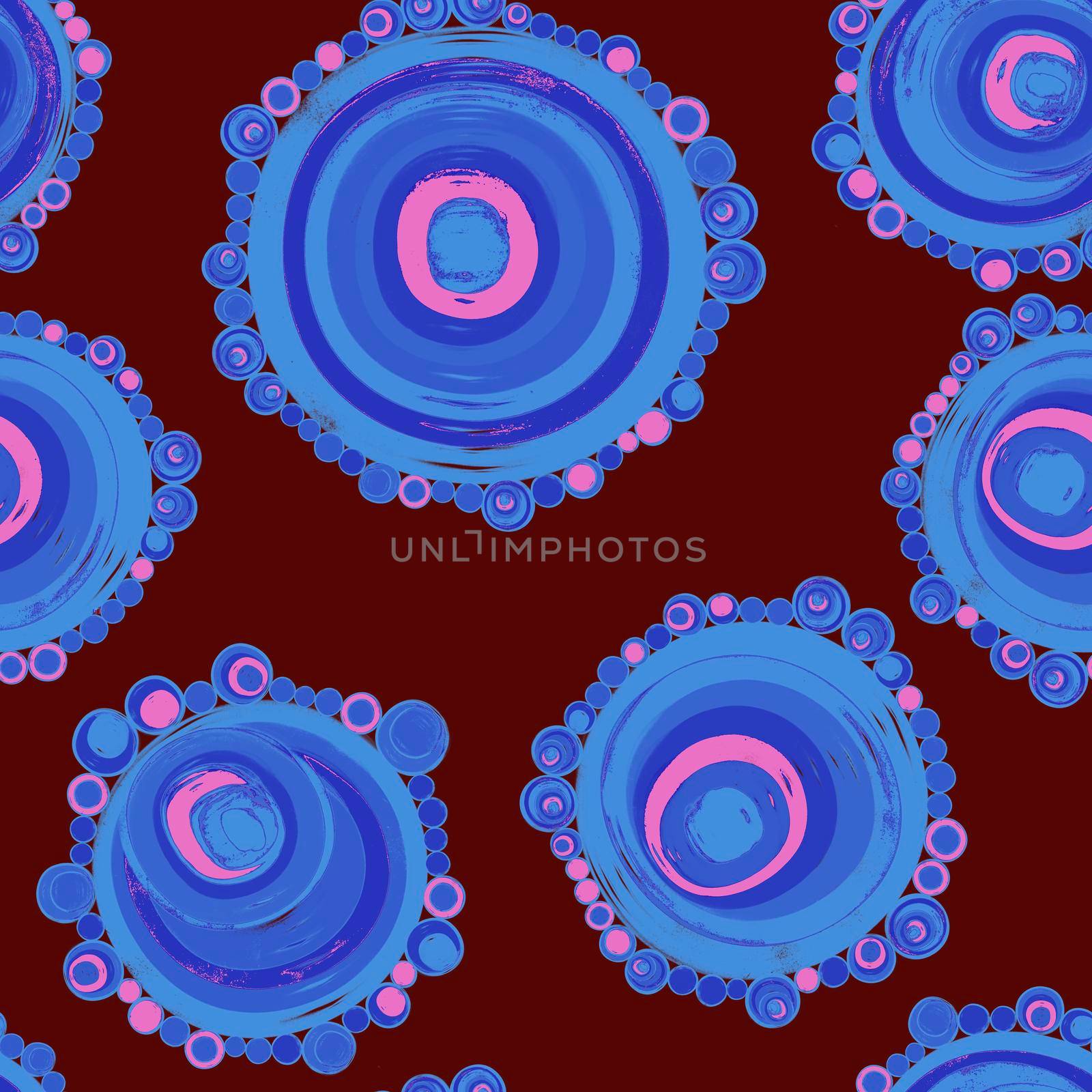 Geometric seamless pattern,texture with perfectly contacting nested circles with different size colors.Repeating pattern with circles filled with dots.For textile,wrapping paper,banner.Azure burgundy by Angelsmoon