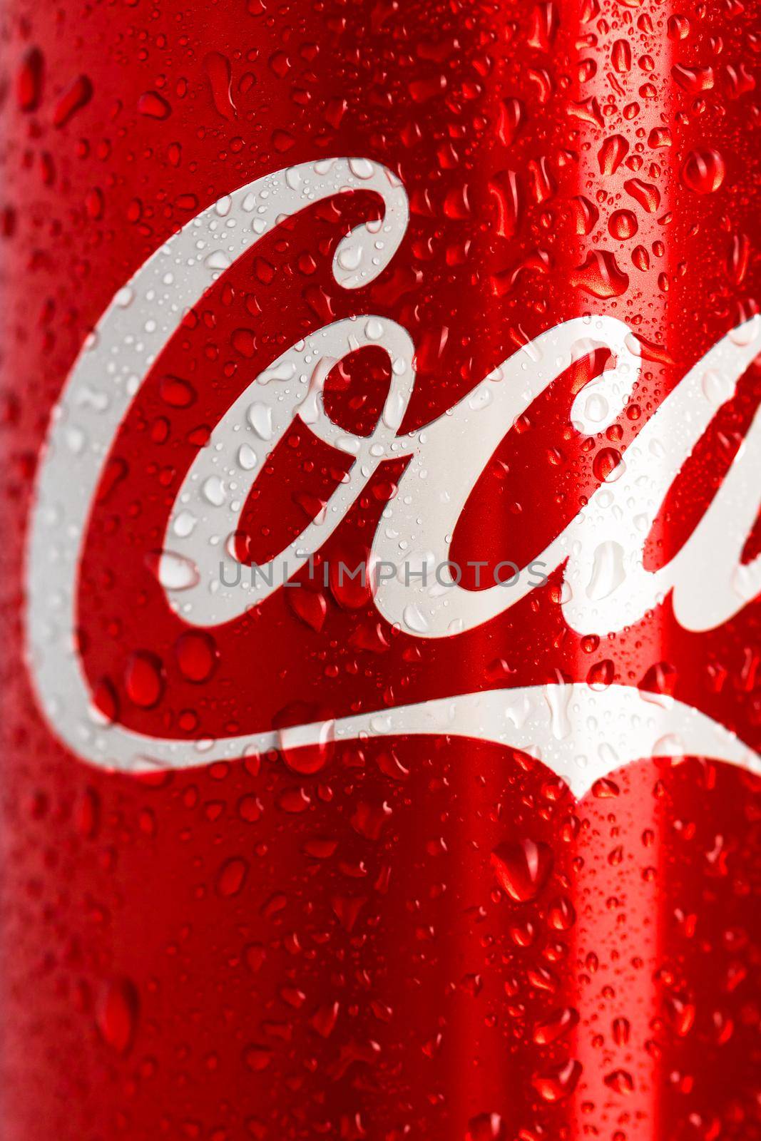 Detail of classic Coca-Cola can on black background. Studio shot in Bucharest, Romania, 2021