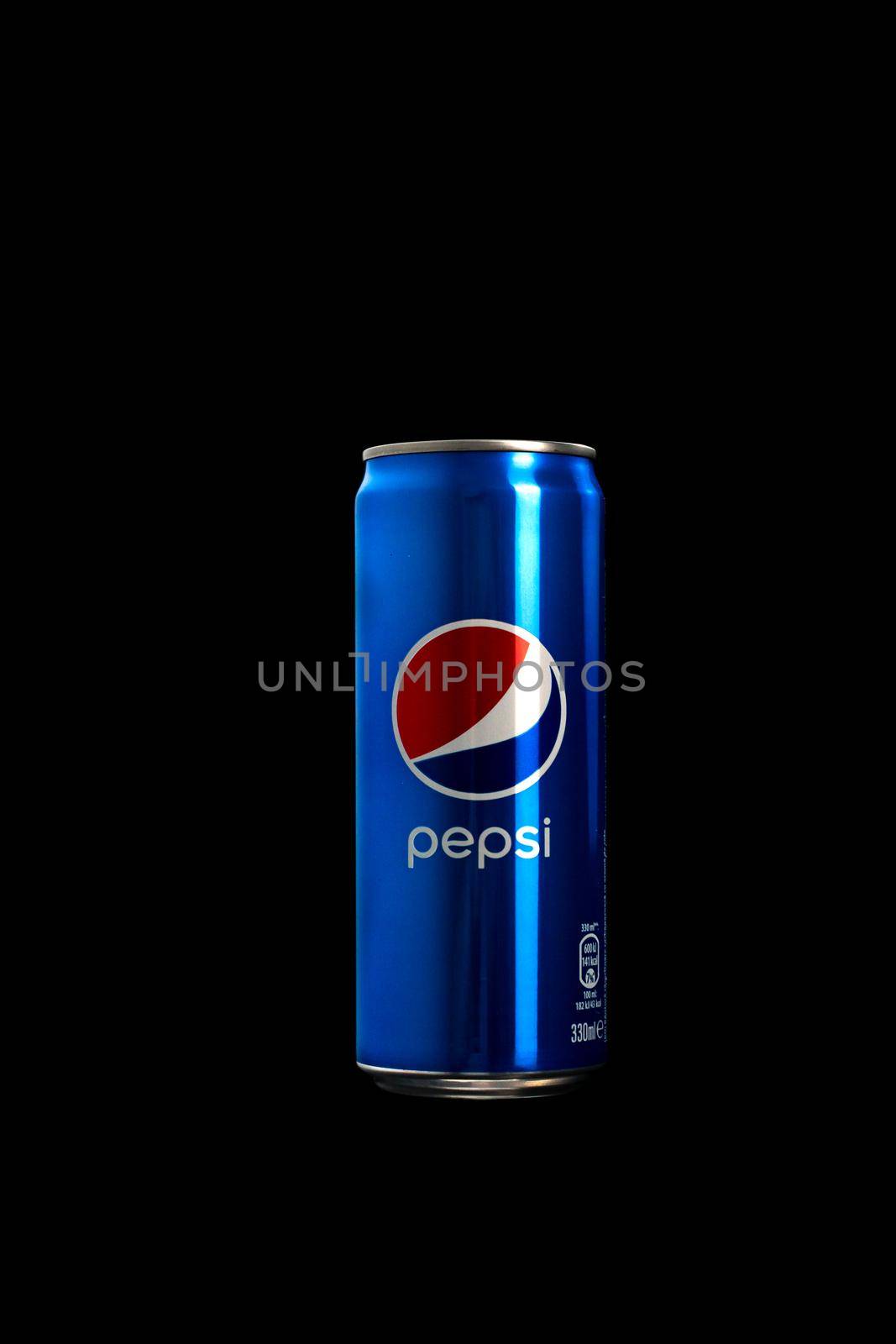 Editorial photo of classic Pepsi can on black background. Studio shot in Bucharest, Romania, 2021