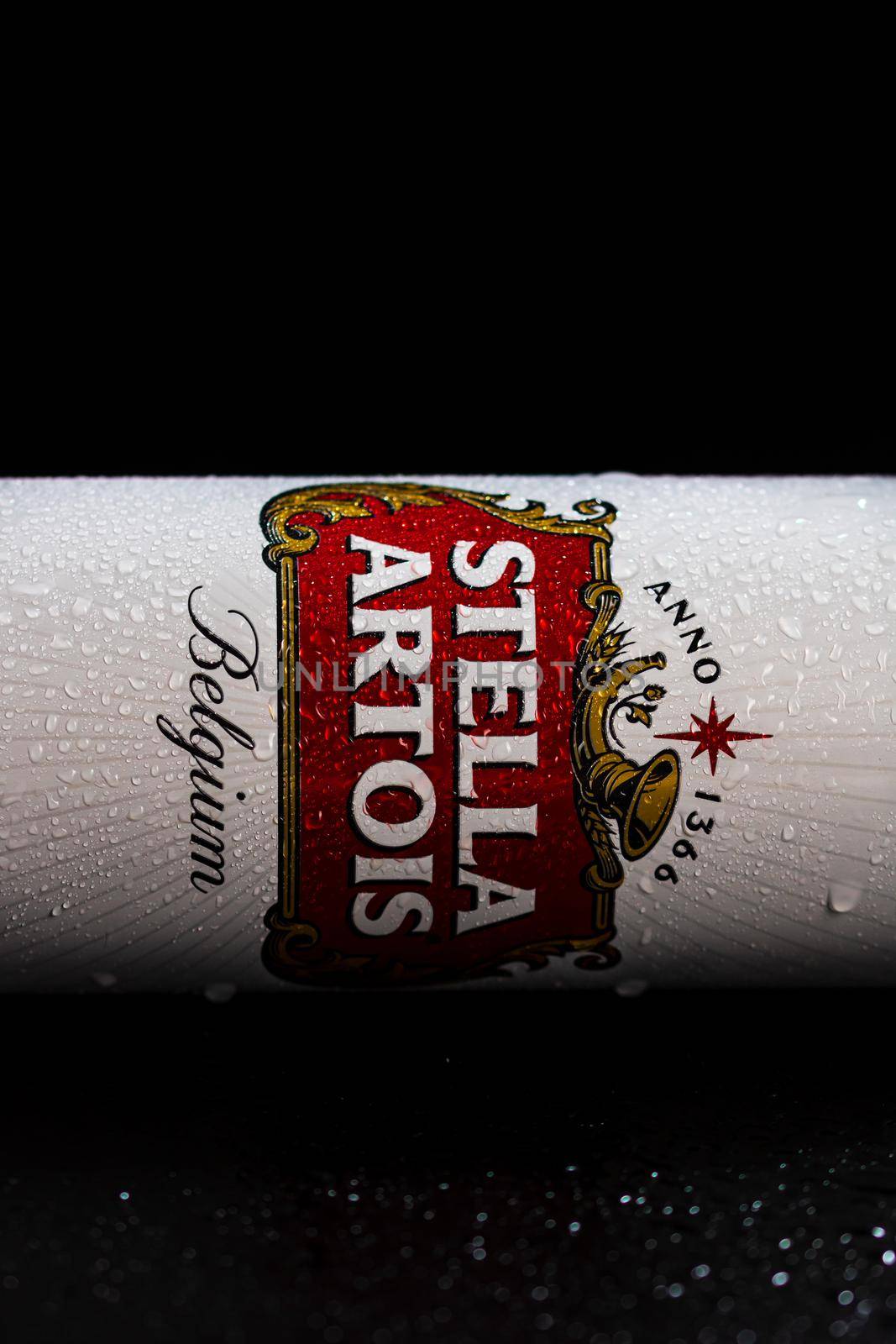 Condensation water droplets on Stella Artois beer can isolated on black. Bucharest, Romania, 2020 by vladispas