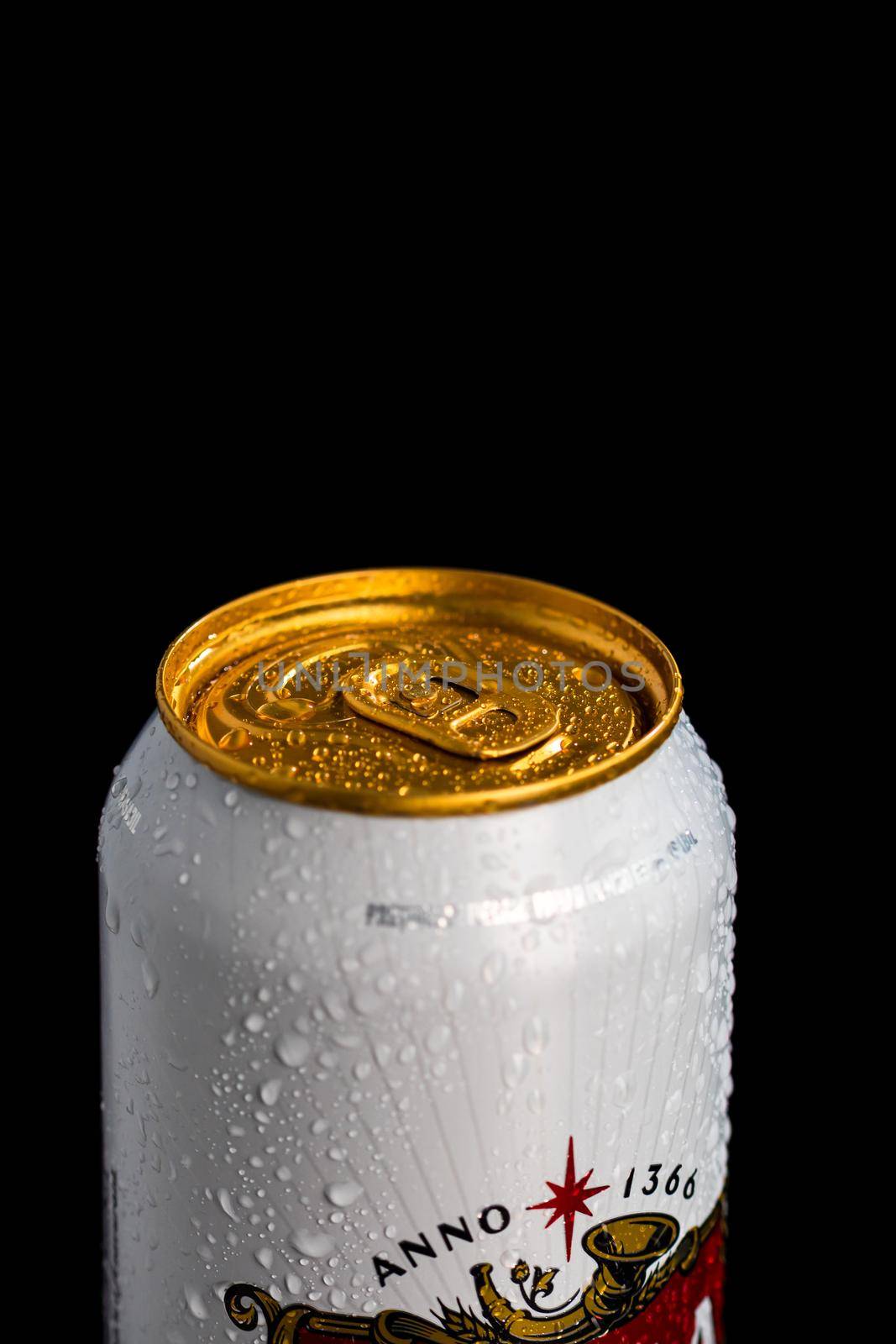 Condensation water droplets on Stella Artois beer can isolated on black. Bucharest, Romania, 2020