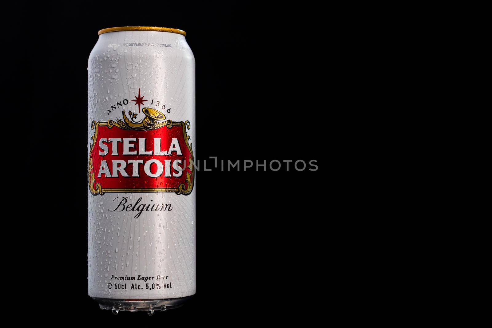 Condensation water droplets on Stella Artois beer can isolated on black. Bucharest, Romania, 2020