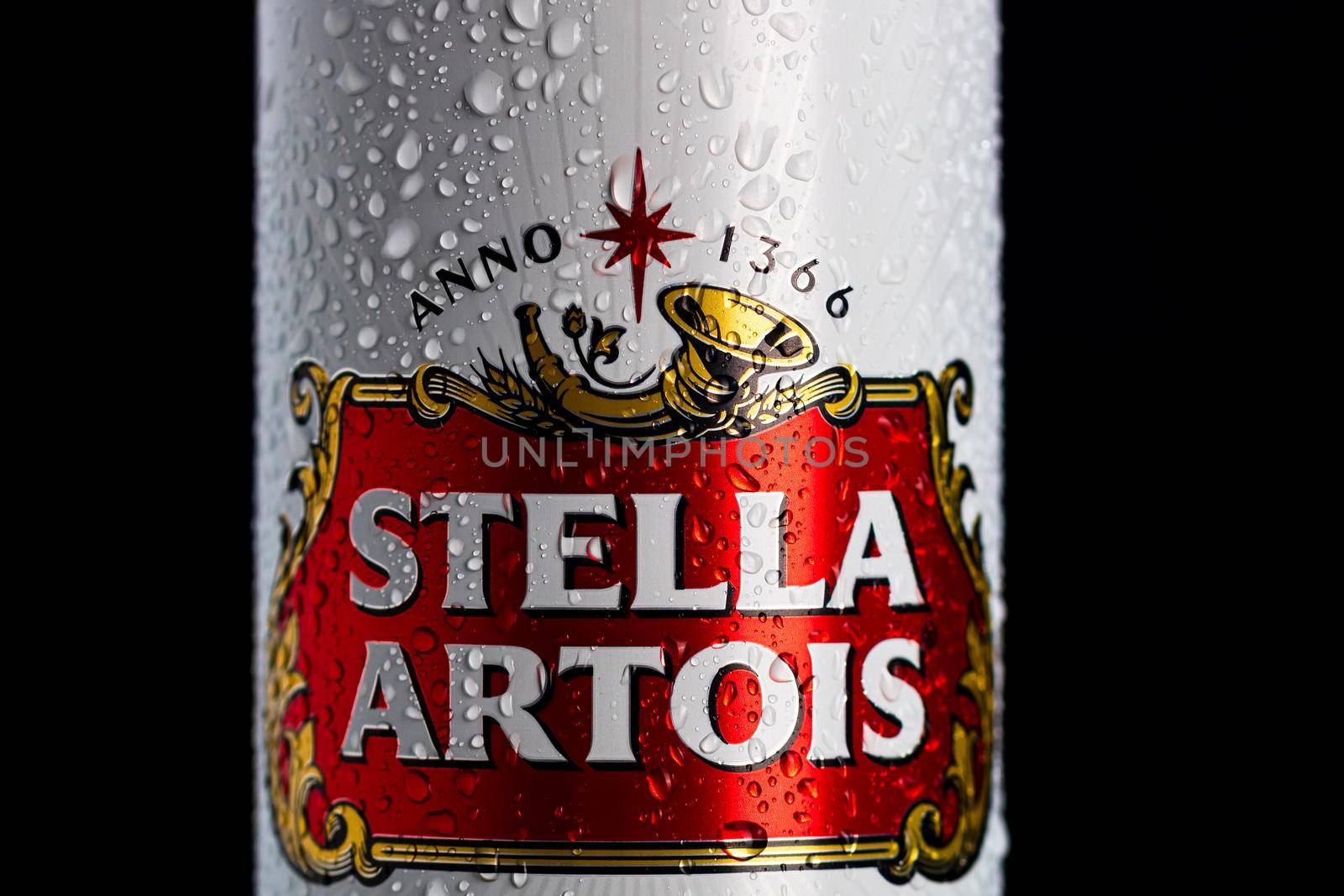 Condensation water droplets on Stella Artois beer can isolated on black. Bucharest, Romania, 2020