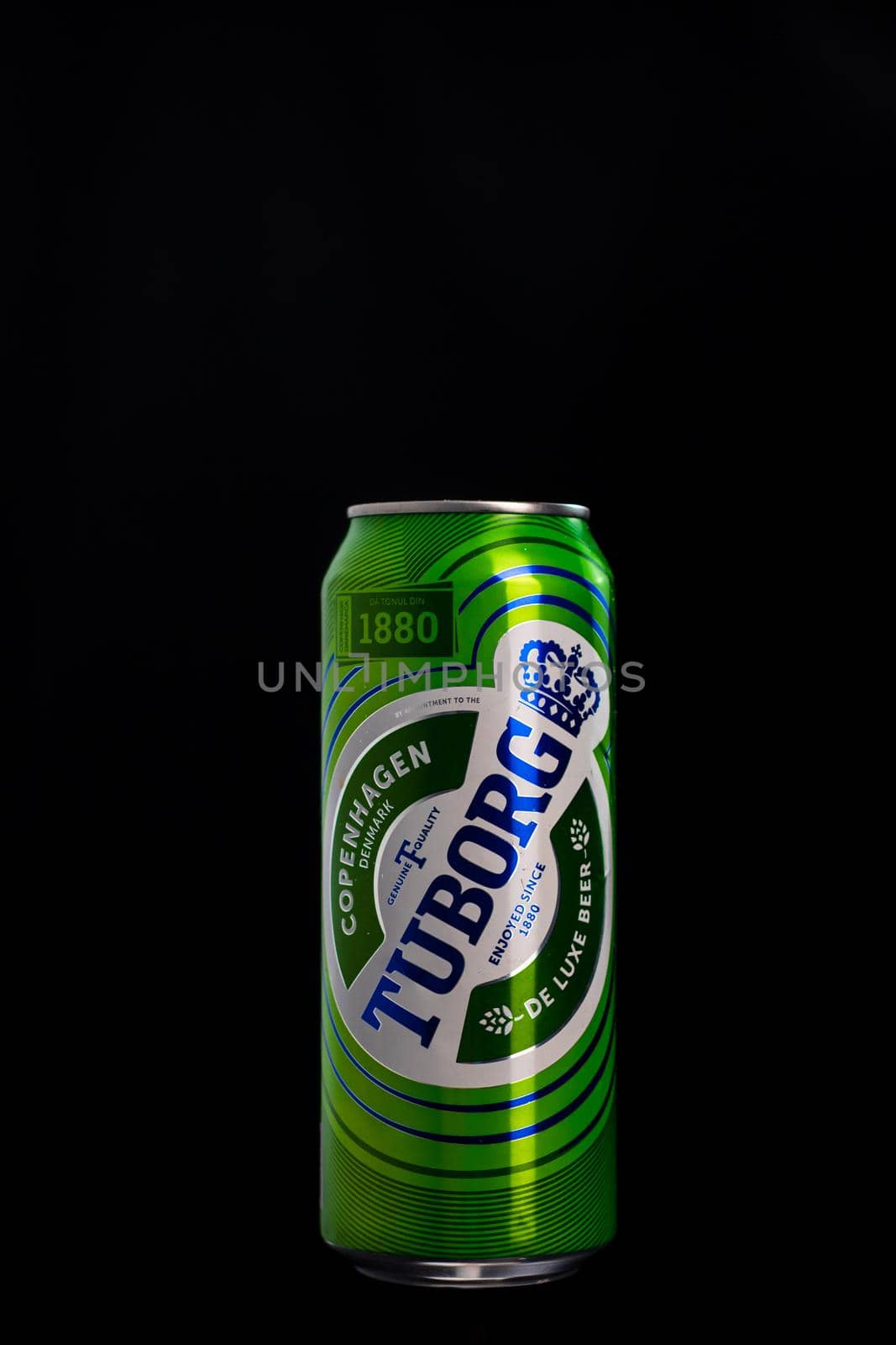 Tuborg beer can isolated on black background. Bucharest, Romania, 2020 by vladispas