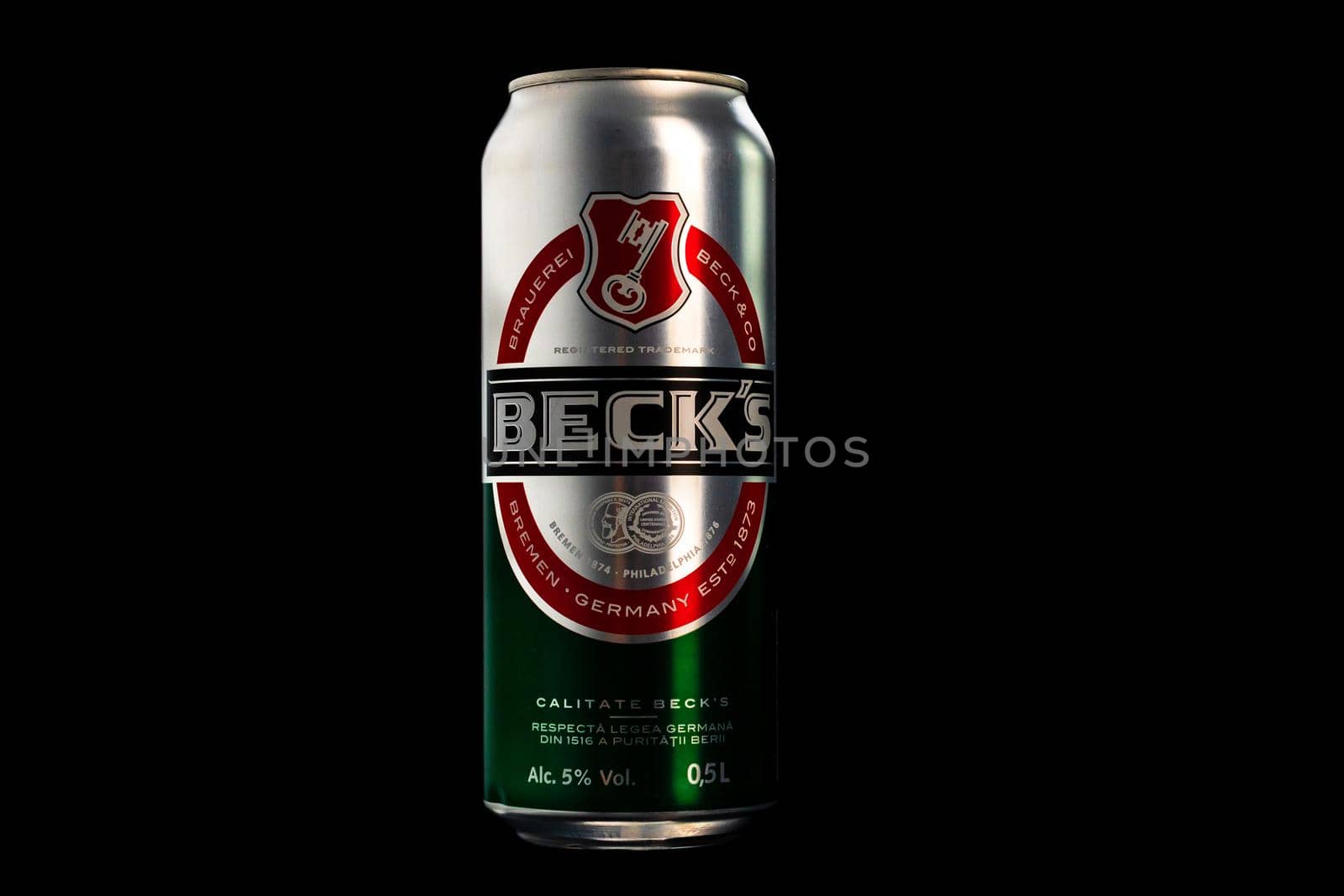 Beck`s beer can isolated on black background. Bucharest, Romania, 2020