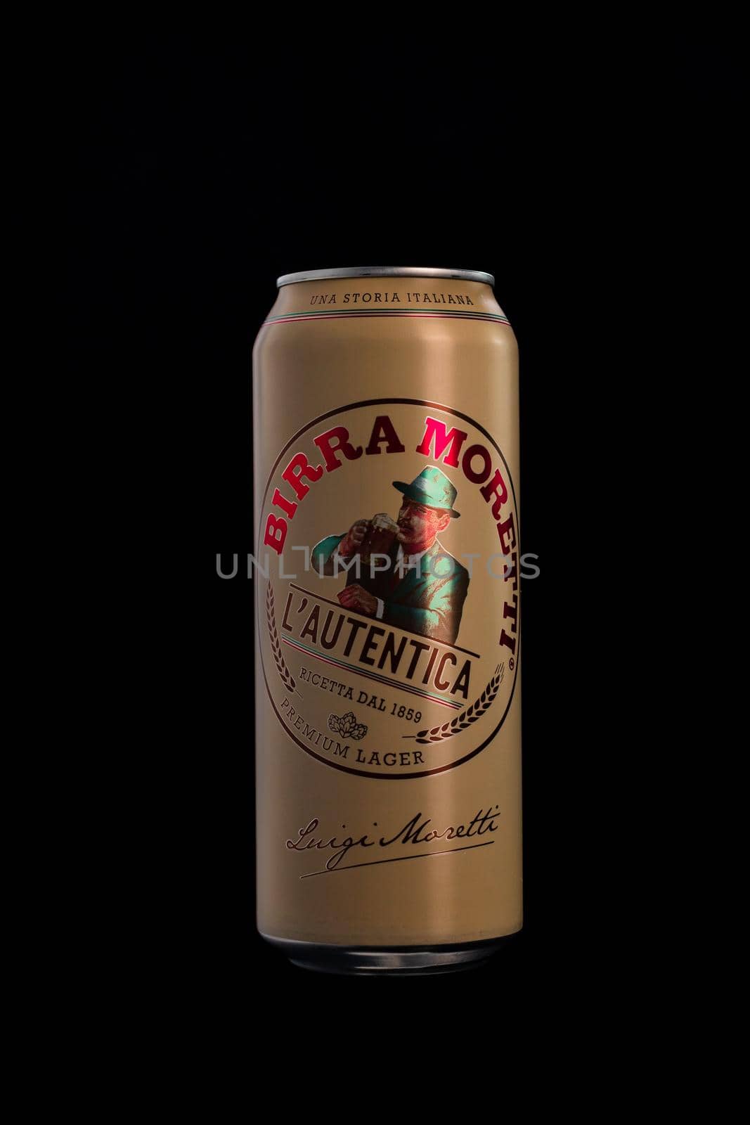 Birra Moretti, a premium lager beer produced by Italian brewing company now owned by Heineken International. Studio photo shoot in Bucharest, Romania, 2021