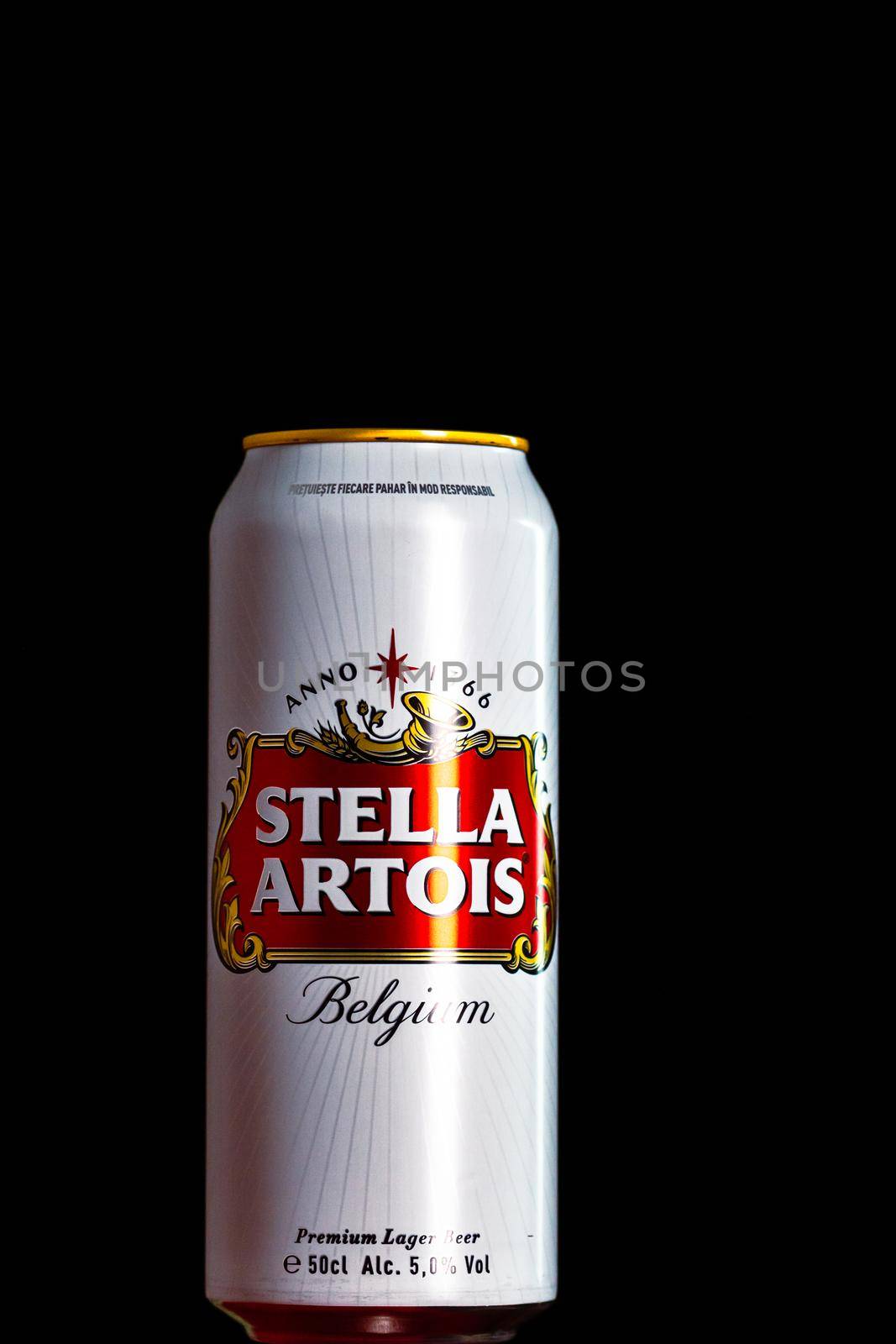 Great Belgium beer - Stella Artois. Belgium Premium Lager beer can. Studio photo shoot in Bucharest, Romania, 2020