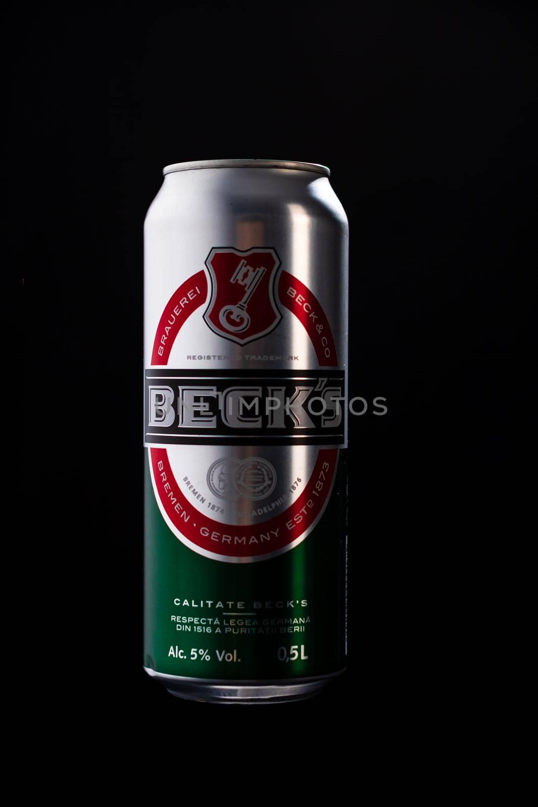 Beck`s beer can isolated on black background. Bucharest, Romania, 2020