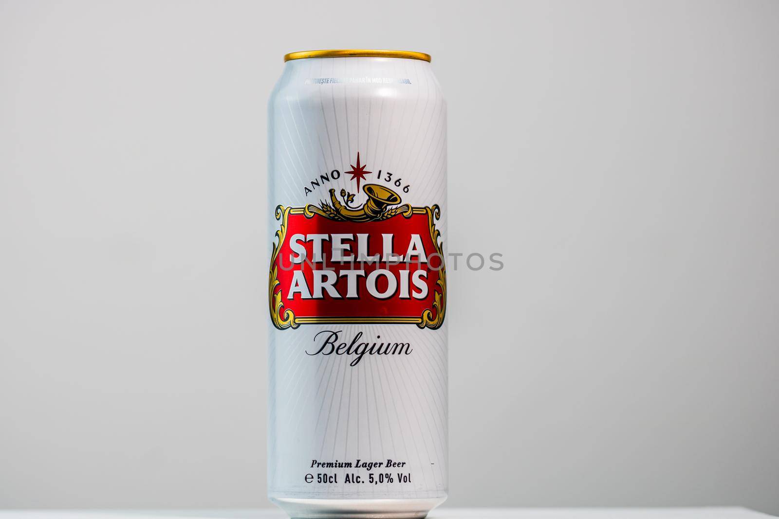 Great Belgium beer - Stella Artois. Belgium Premium Lager beer can. Studio photo shoot in Bucharest, Romania, 2020 by vladispas